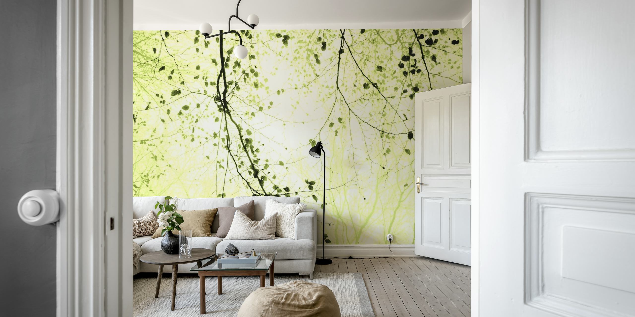 Leaves and branches limegreen wallpaper