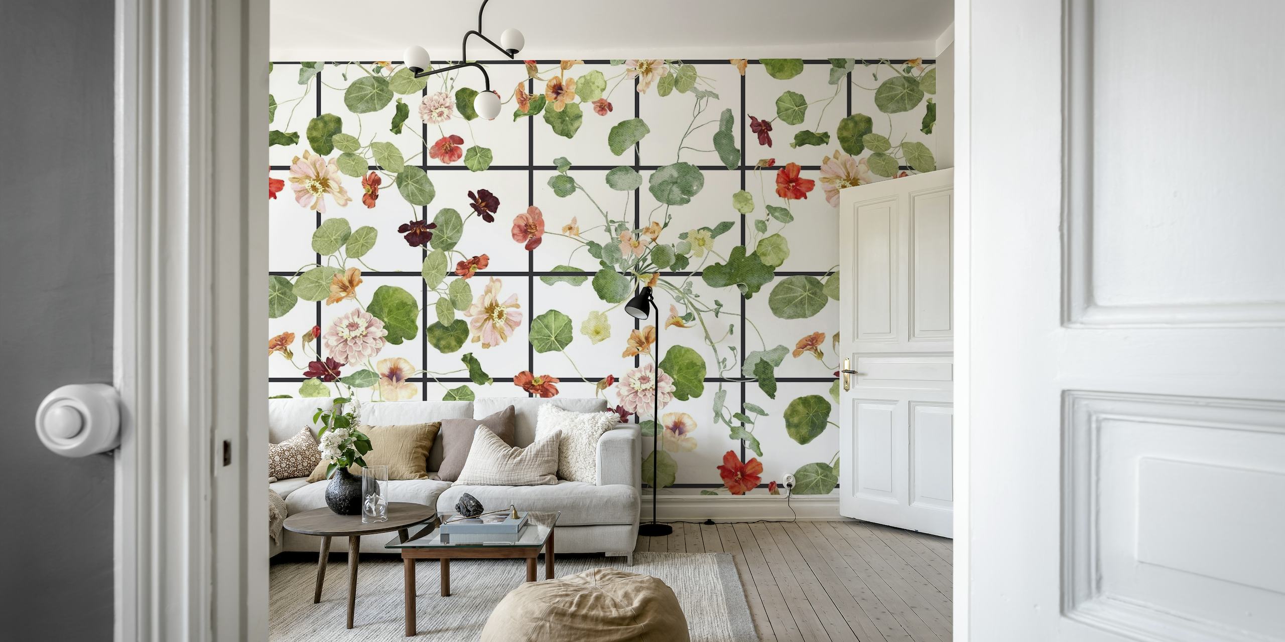 Nasturtium flowers with green leaves on a grid pattern wall mural.