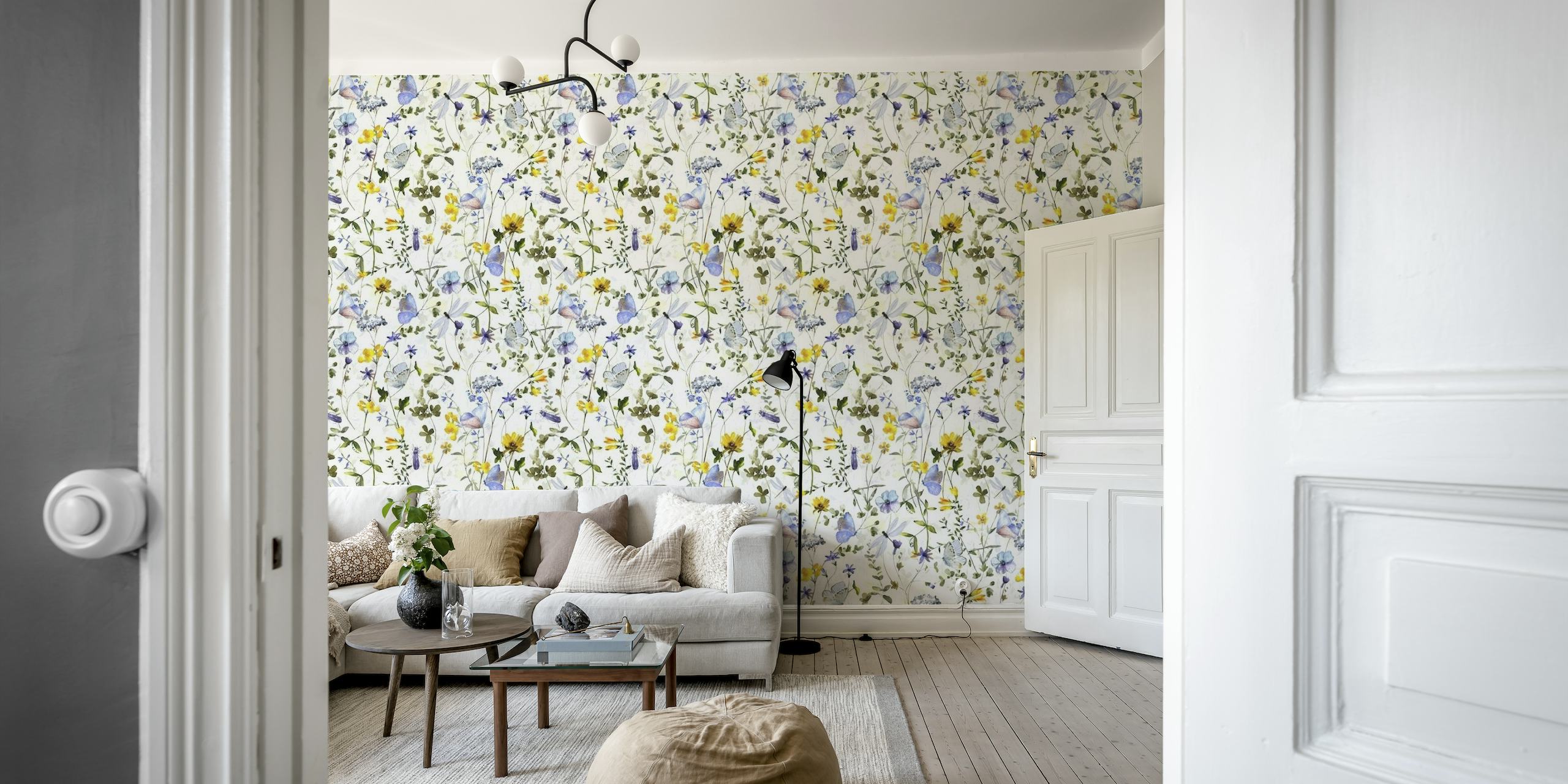 delicate white and yellow wildflowers in a sun-kissed meadow wall mural