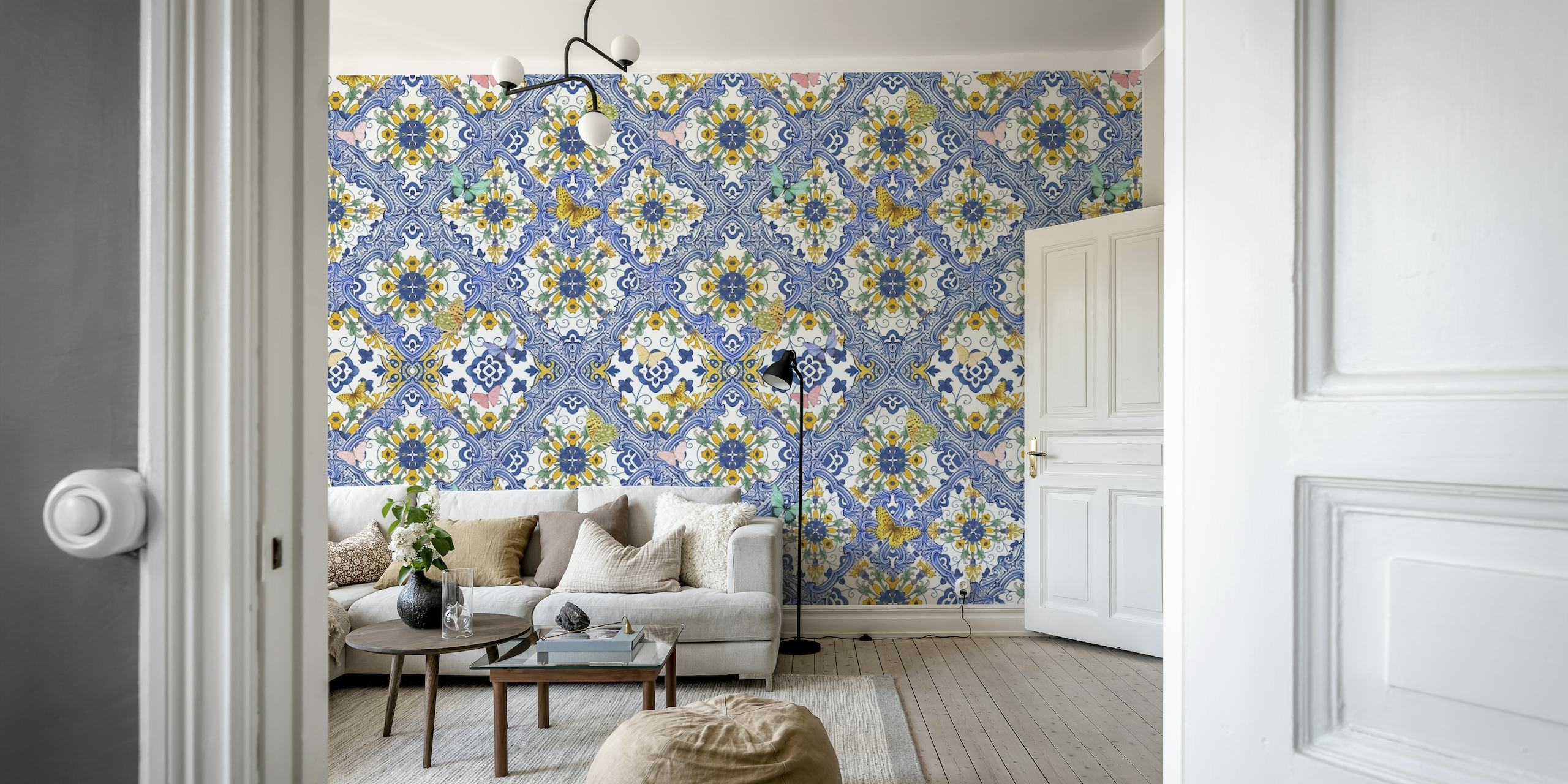 Blue tiles, yellow flowers and butterflies papel de parede
