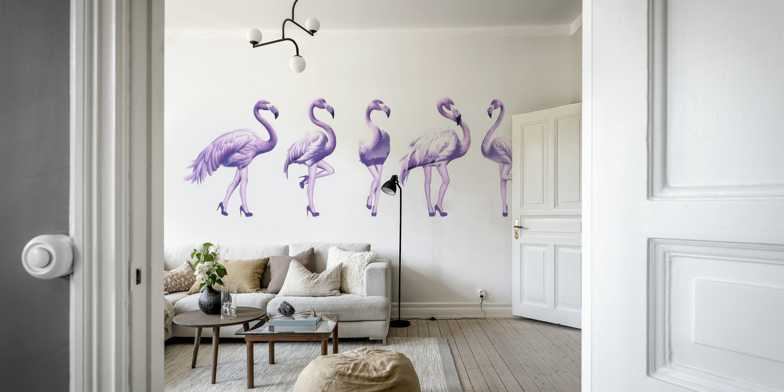 Five purple flamingos on a wall mural from happywall.com