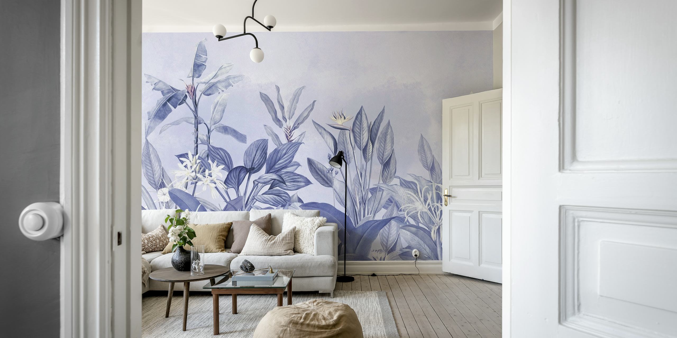 Tyylikäs vintage kasvitieteellisen puutarhan seinämaalaus sinisen ja valkoisen sävyissä