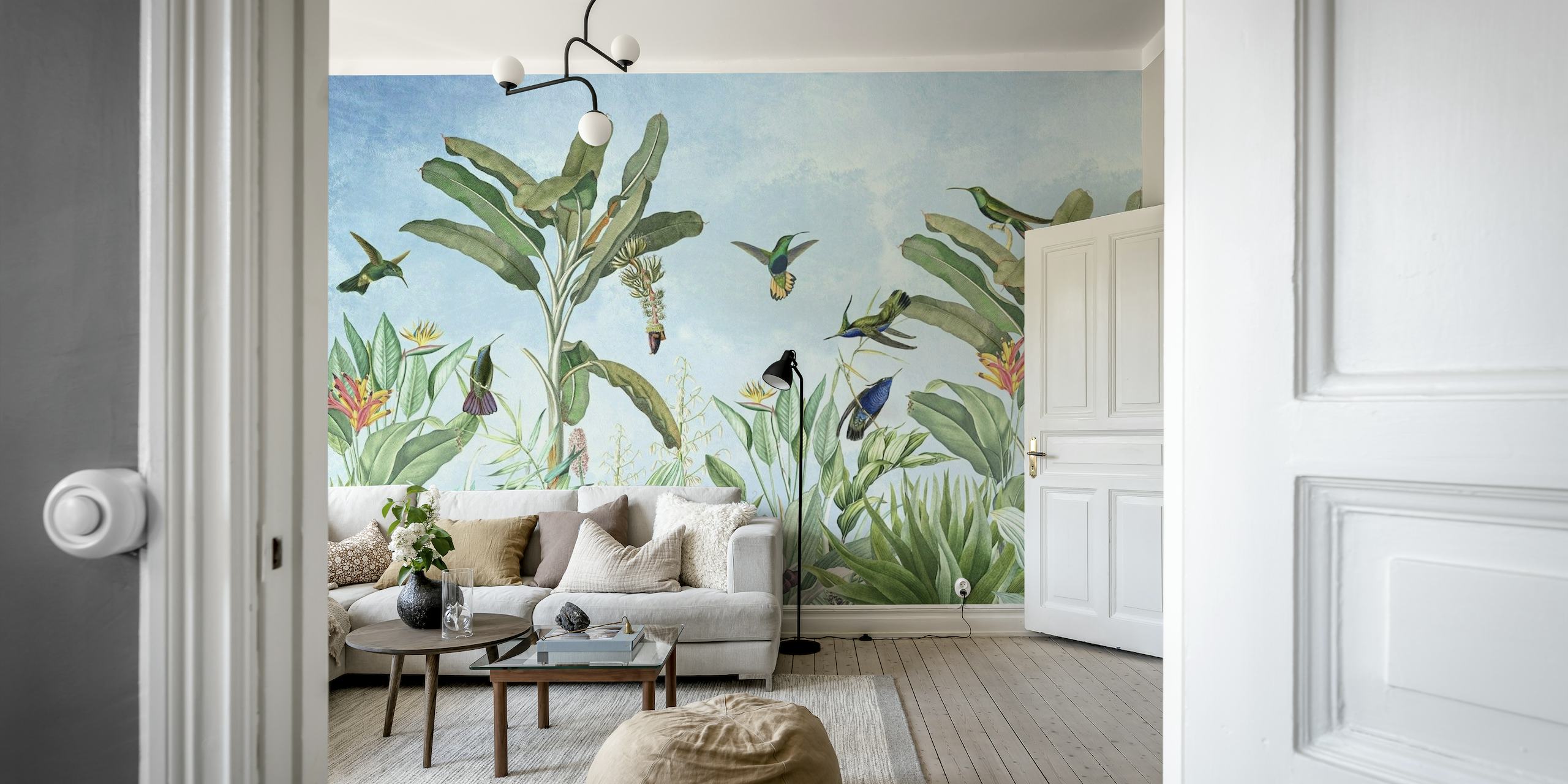 Conception de papier peint mural exotique vintage avec colibri et plantes.