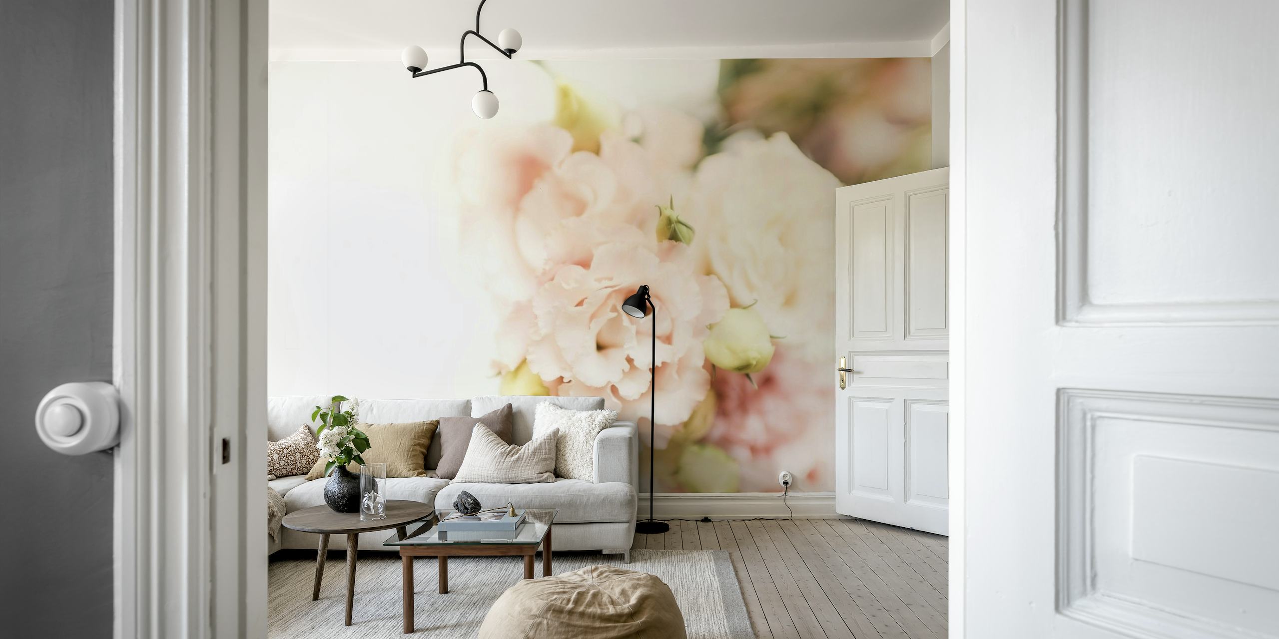 fotomural vinílico de parede de flores rosa pastel e branco para decoração de casa