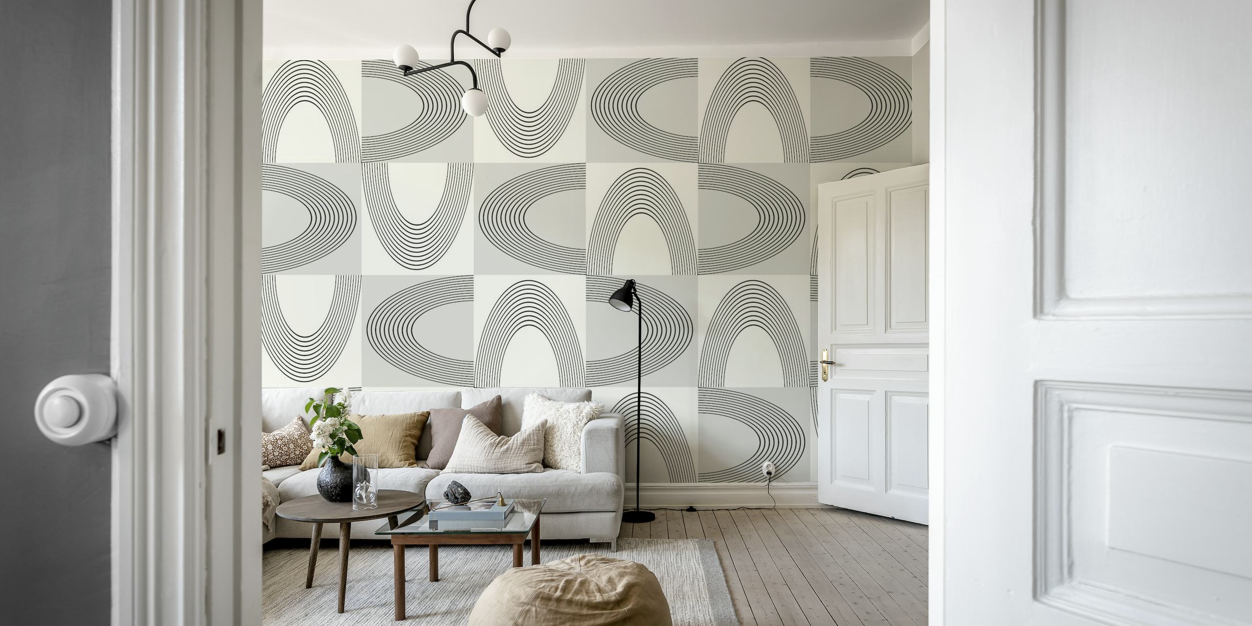 Vintage abstracte geometrische muurschildering met in elkaar grijpende vormen in grijs en gebroken wit
