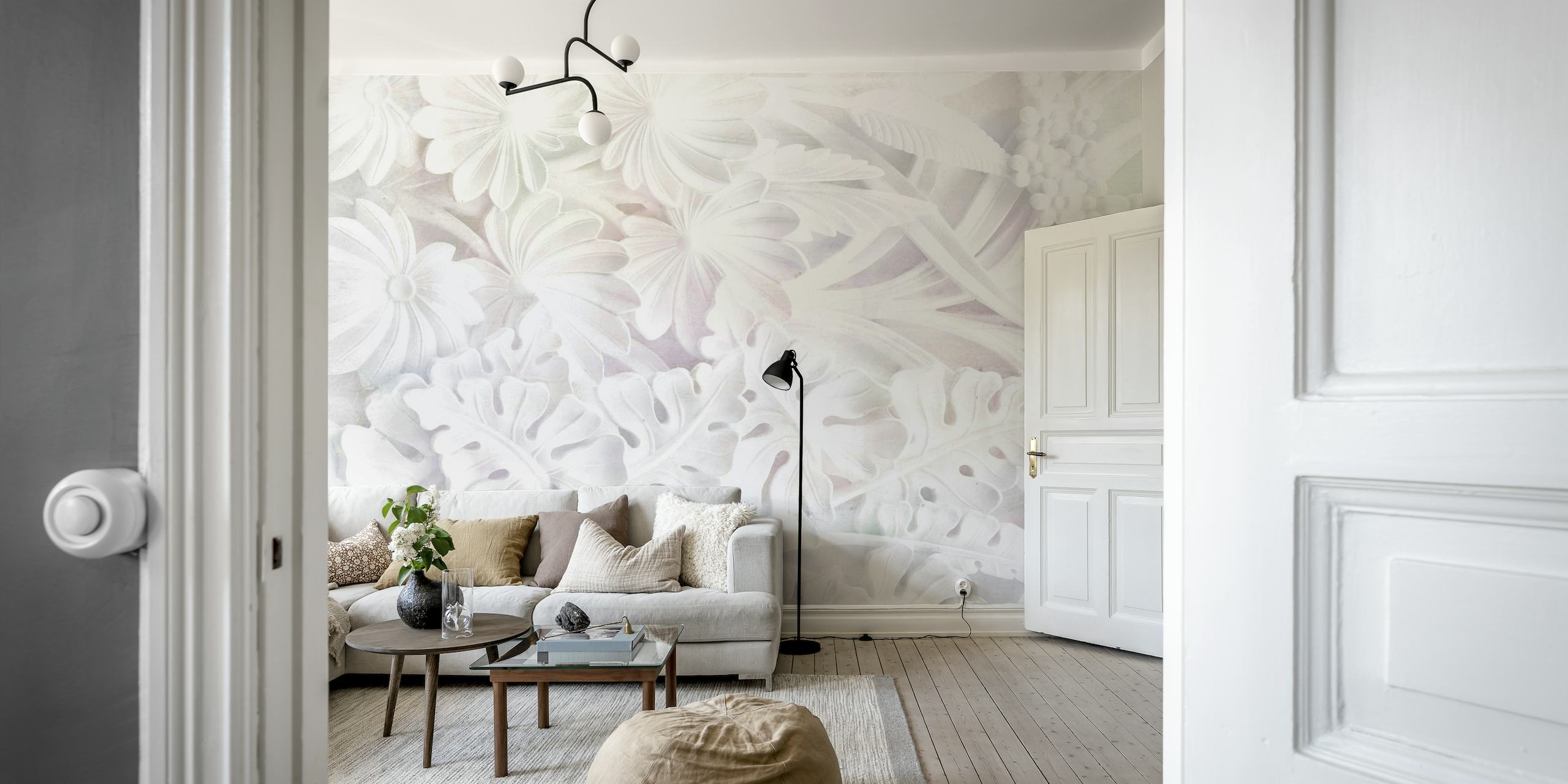 Papier peint mural à motif floral éthéré doux gris et blanc ressemblant à des pierres
