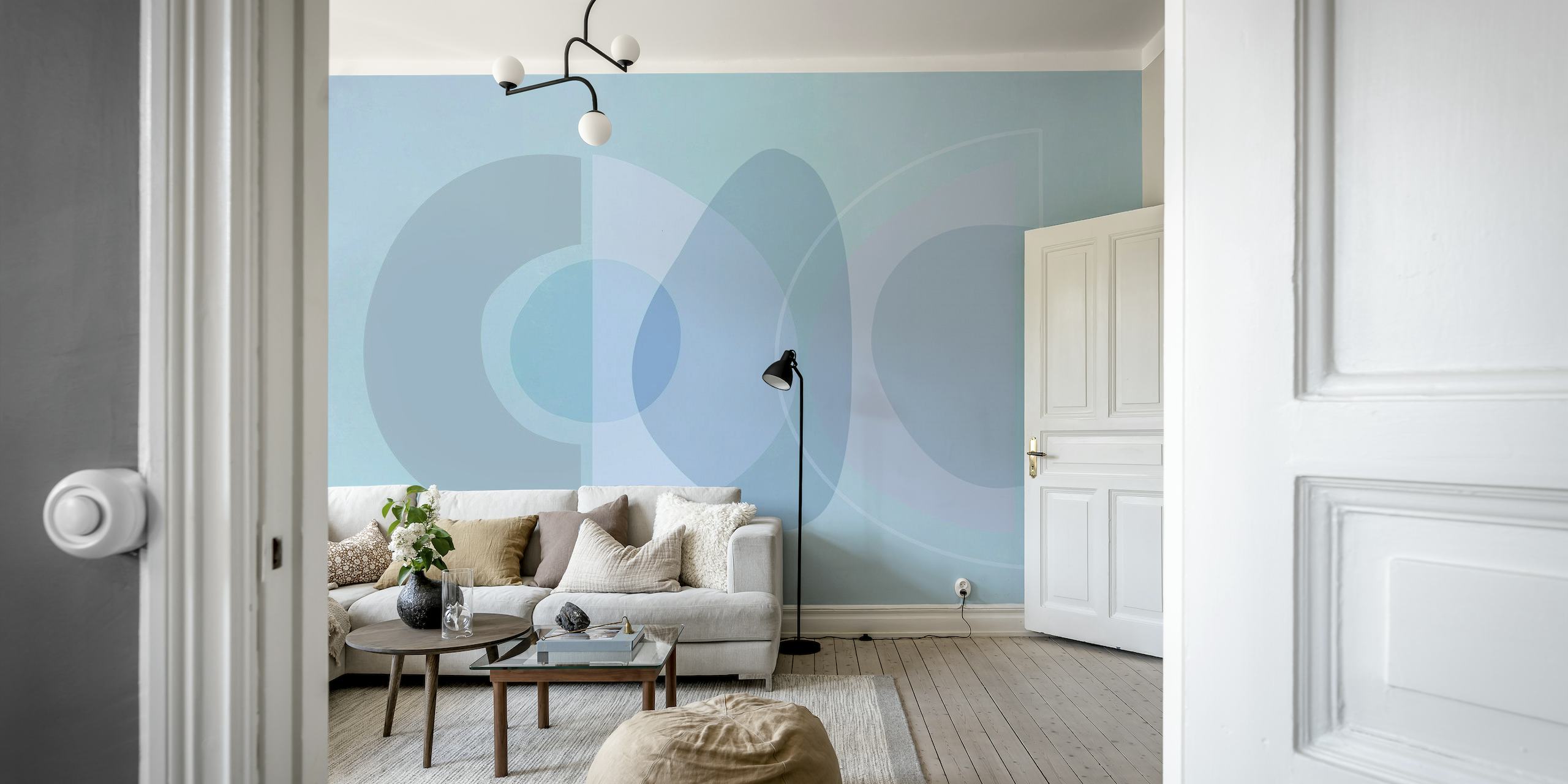 Mid Century Eclectic Calm Vibes In Pastel Blue Shapes papel de parede
