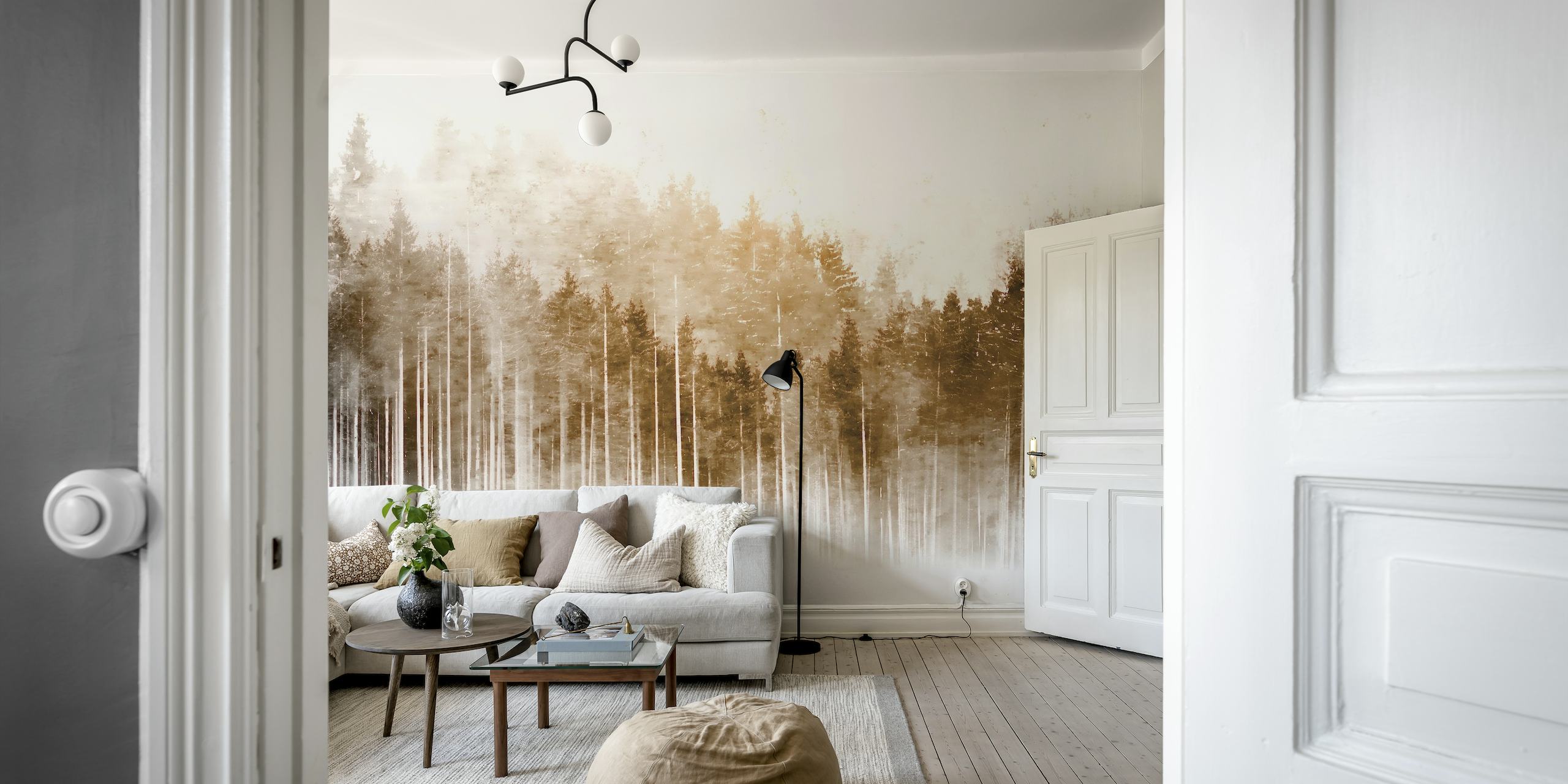 mural de parede em tons neutros de uma floresta de pinheiros enevoada criando uma atmosfera tranquila de inspiração japonesa