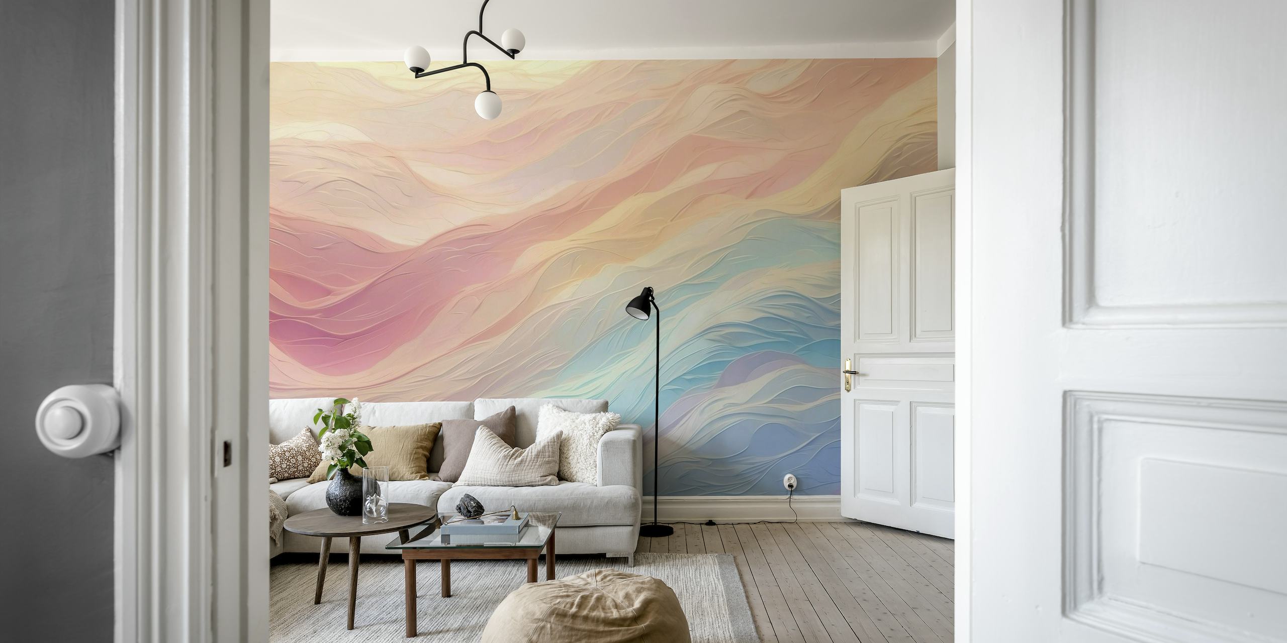 Weiche, pastellfarbene Fototapete mit abstrakten Wellen