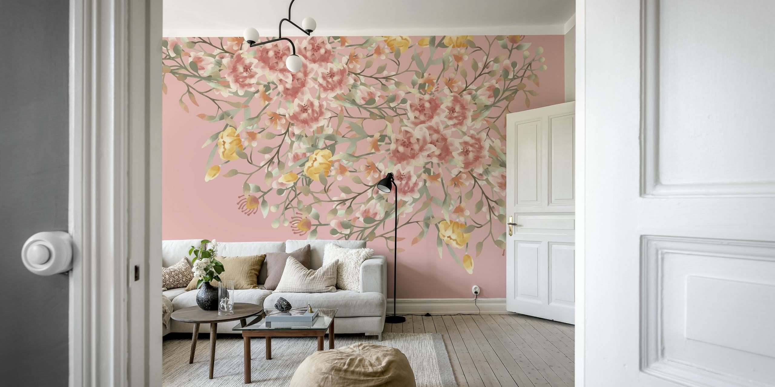 Akvarell vildblommor i mjuka rosa färger och jordfärger på en väggmålning
