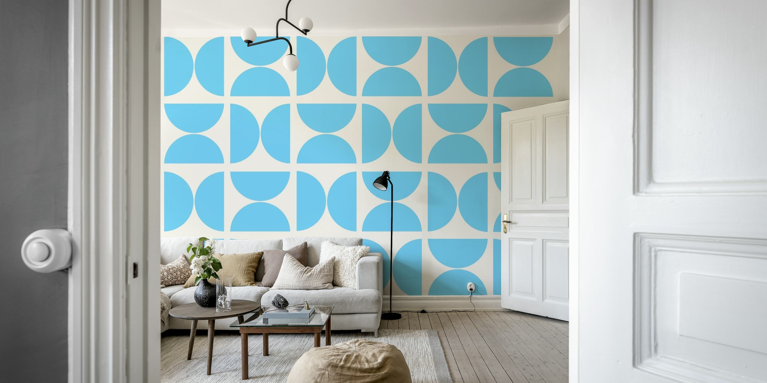 Abstract turquoise semicircle patterns on a white background wall mural