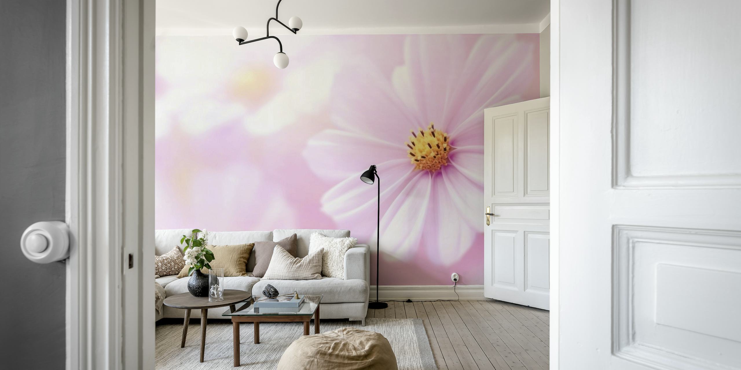 Nærbillede af en lyserød blomst, der repræsenterer 'Beautiful Summer Day' vægmaleri på happywall.com