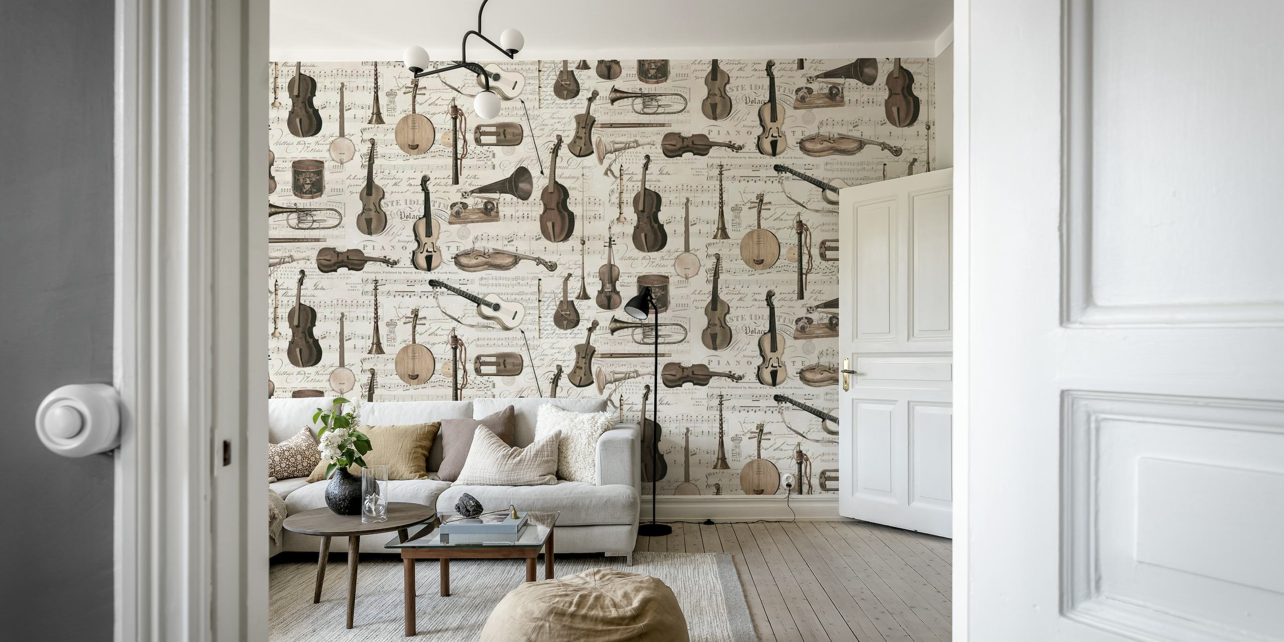 Vintage Music Instruments And Notes Brown wallpaper