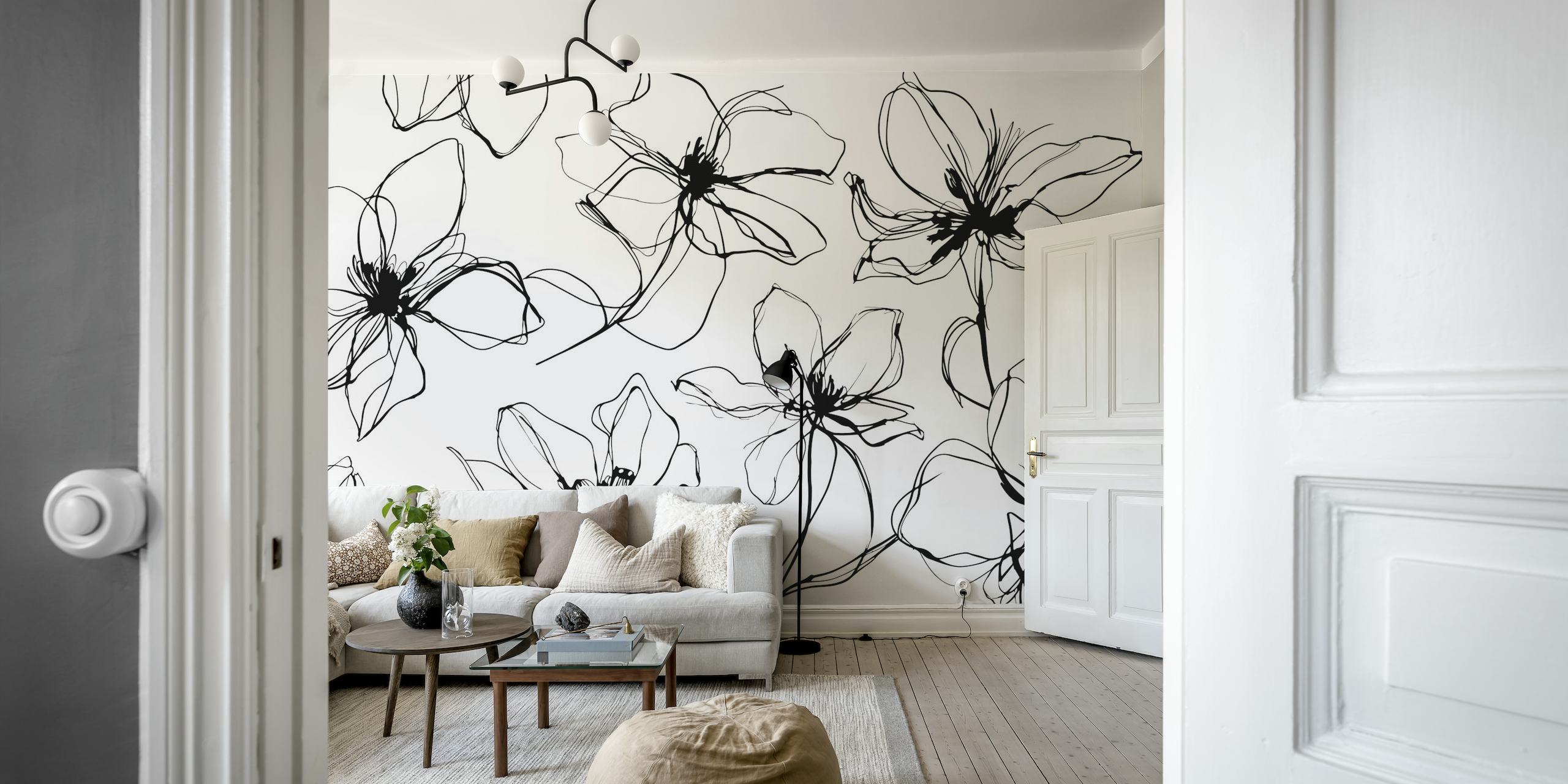 Zwart-wit bloemmotief muurschildering in schetsstijl van happywall.com