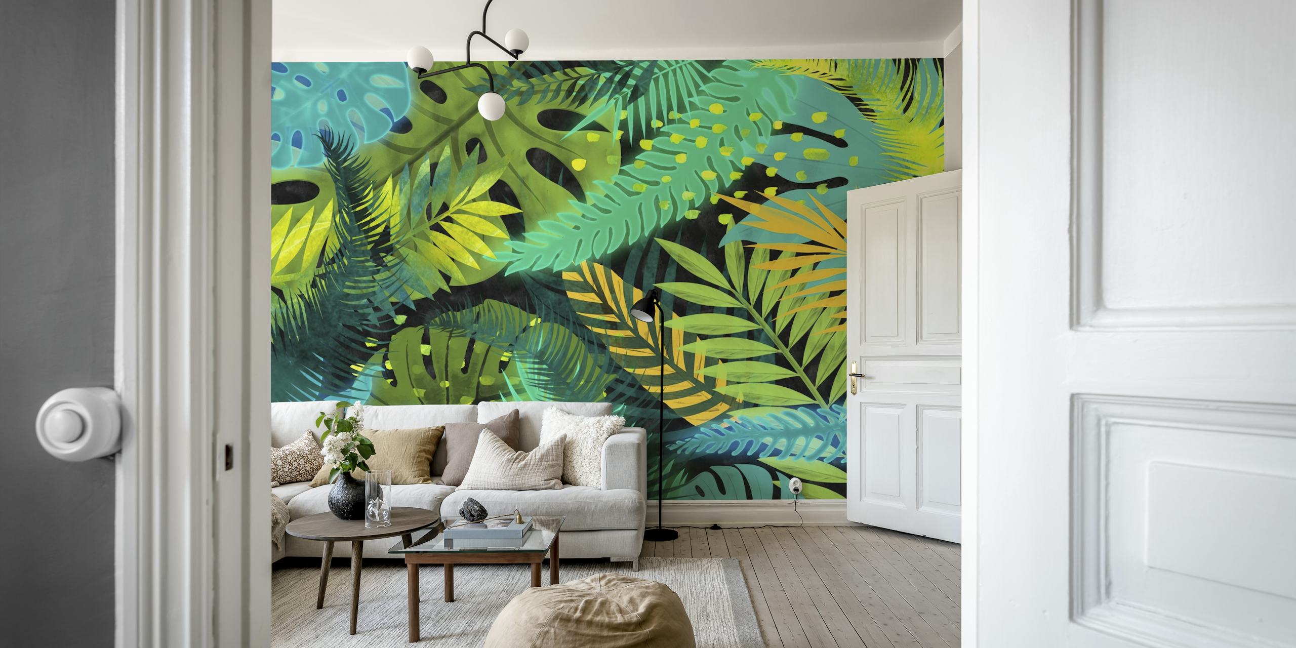 Lush green leaf patterns with blue and yellow accents wallpaper