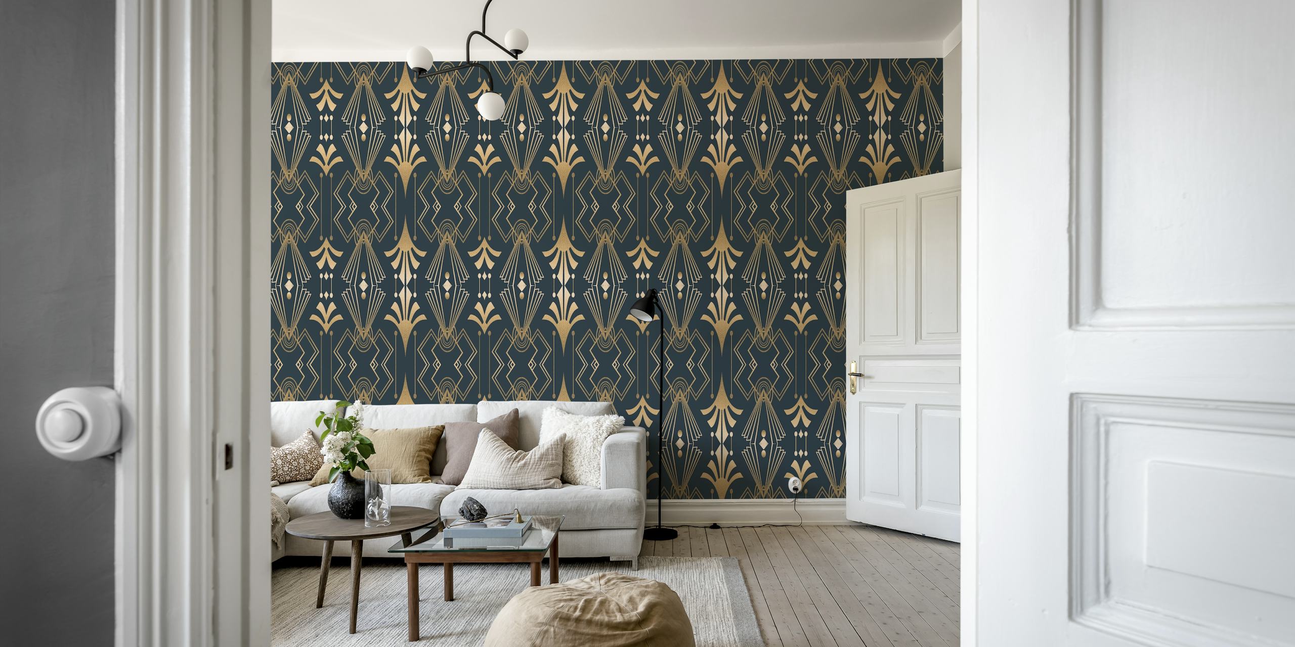 Geometric gold and white patterns on emerald background wallpaper