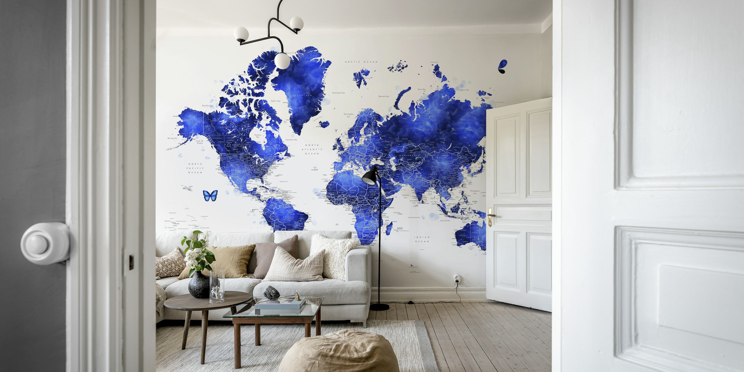 Watercolor world map in blue tones, white background wallpaper