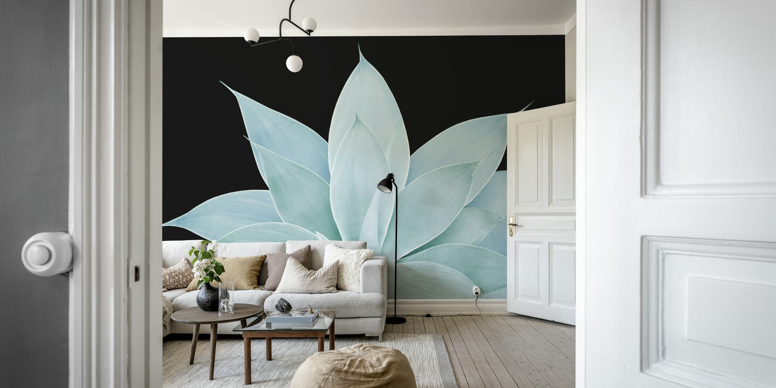 Green Agave plant on a black background wall mural