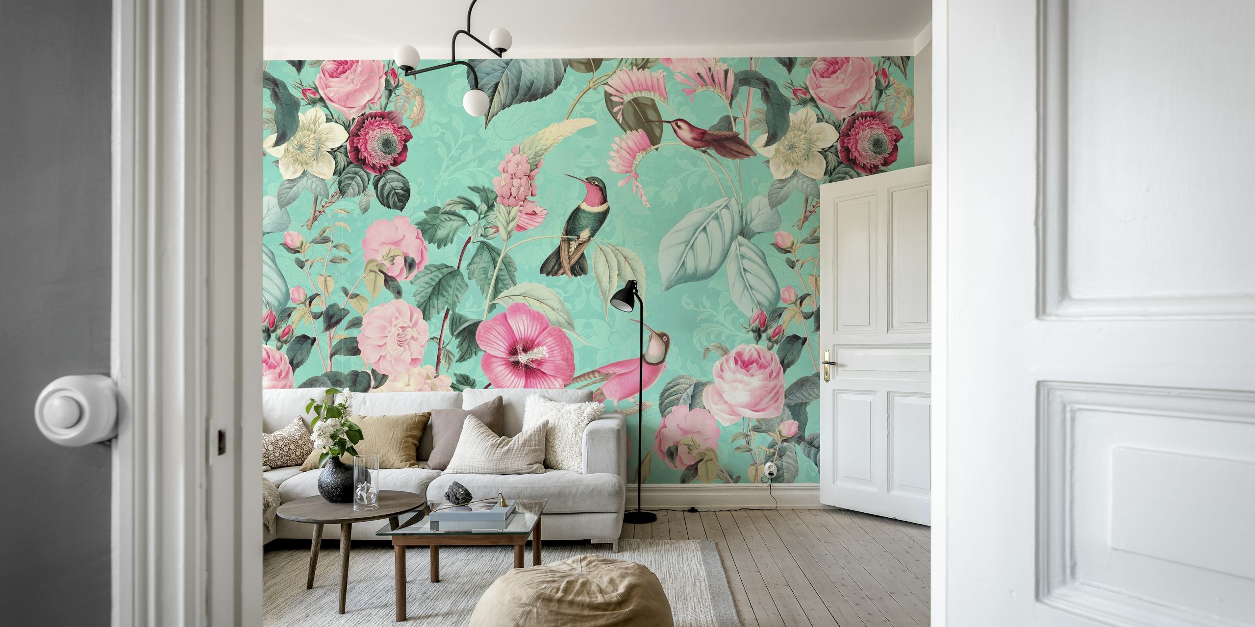 Hummingbirds and flowers on pastel background wall mural
