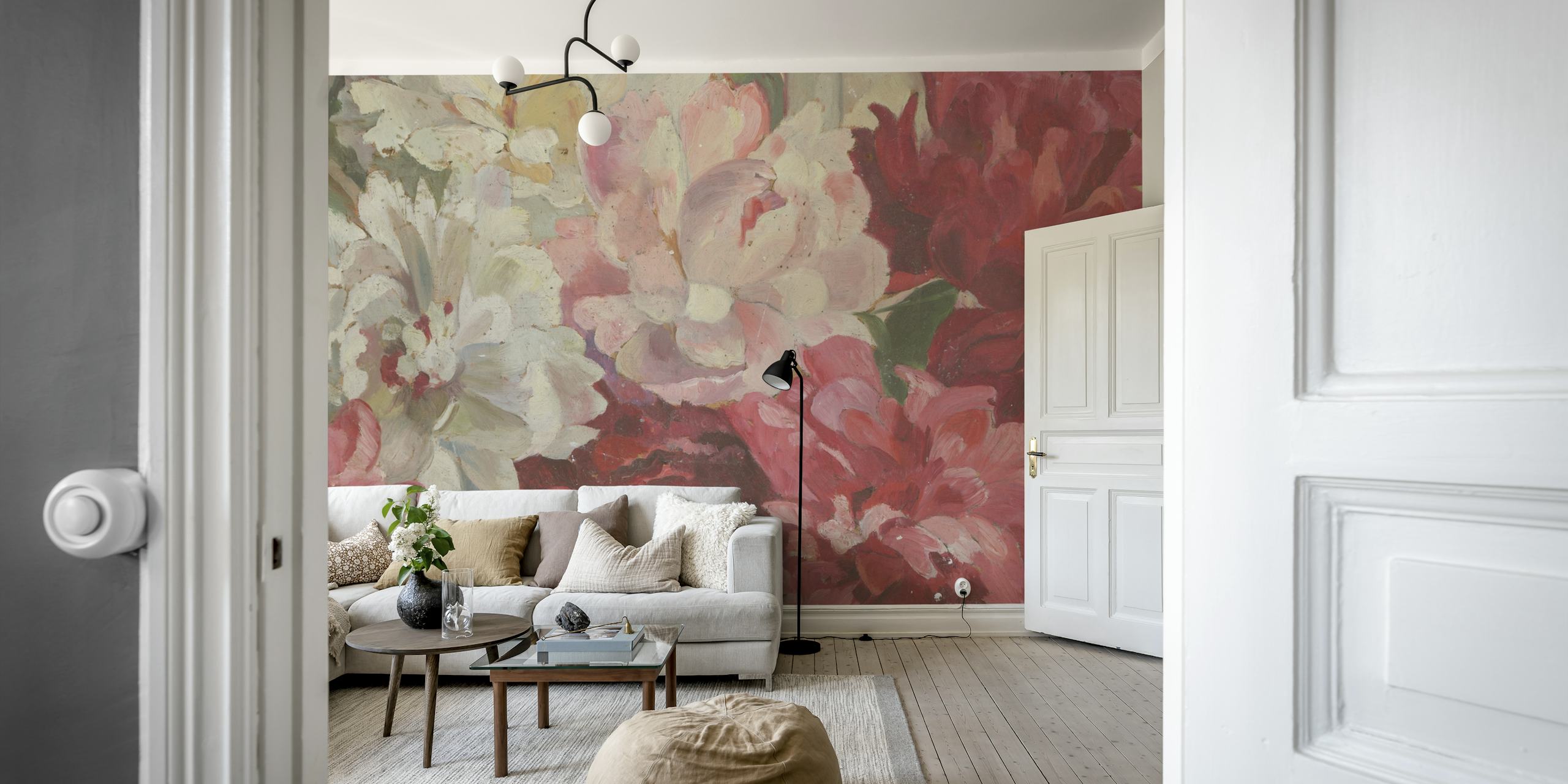Elegant vintage flower wall mural with peonies in shades of pink and red