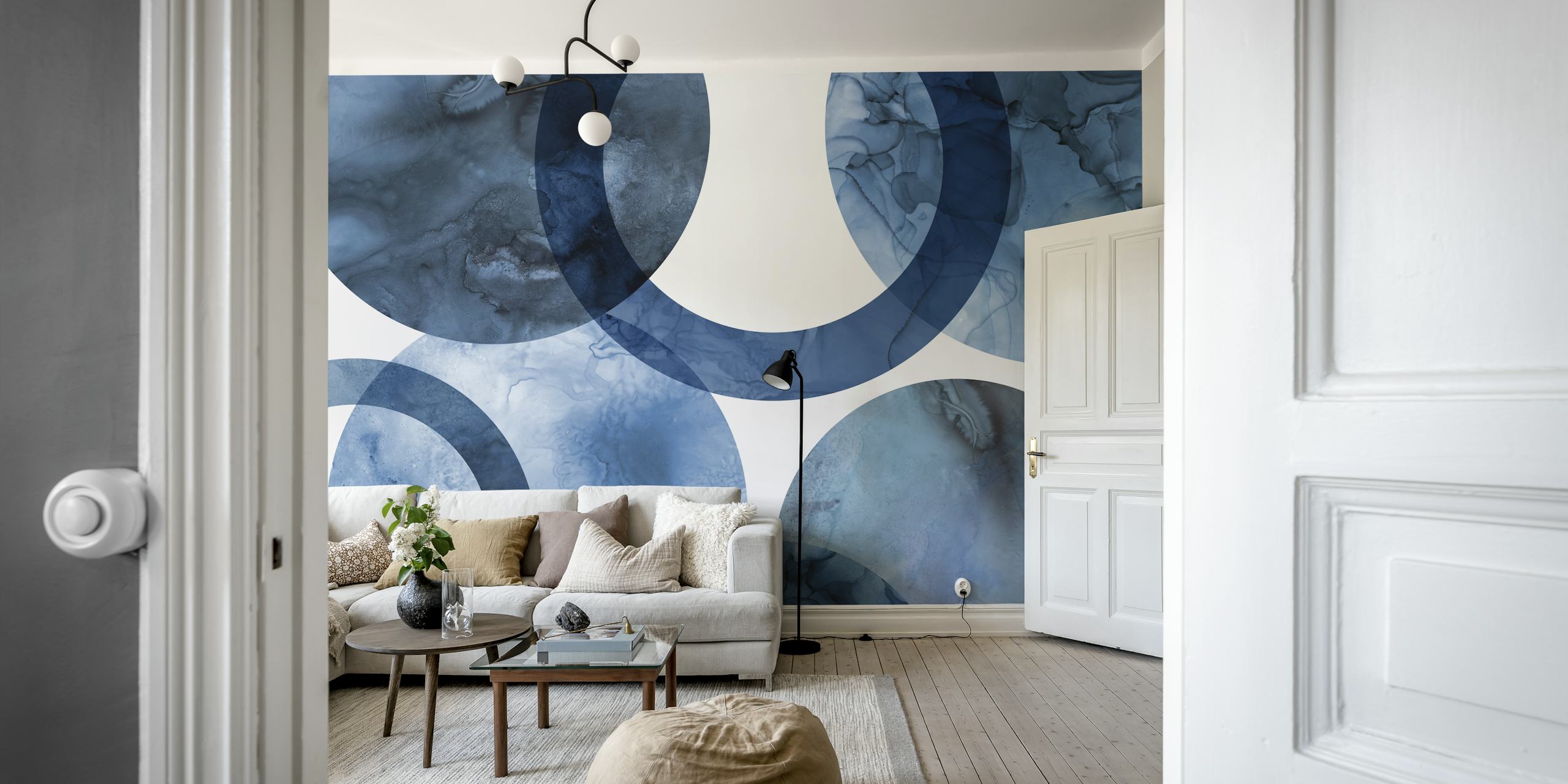Blue circular abstract patterns with watercolor texture wallpaper