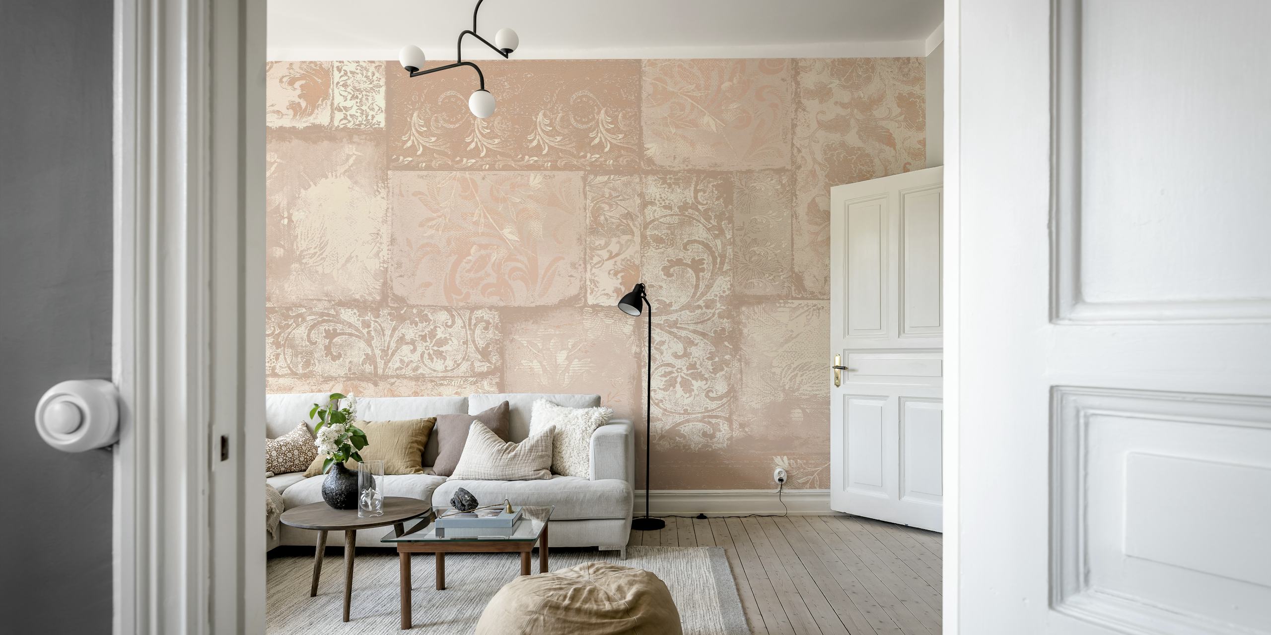 Beige patchwork wallpaper with floral patterns, classic bohemian style wallpaper