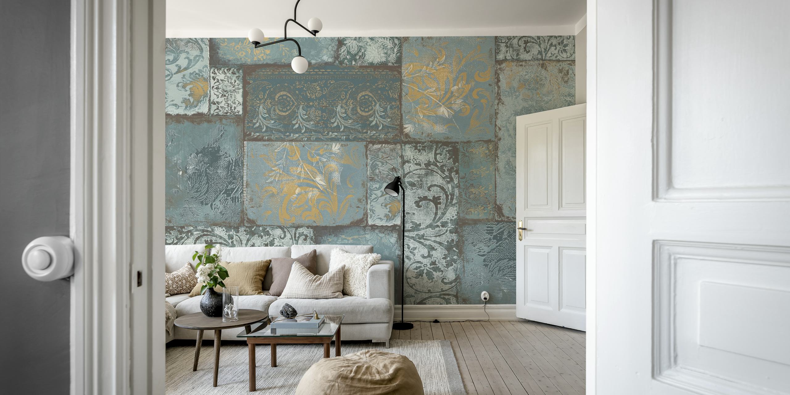Bohemian Patchwork slate blue wallpaper design