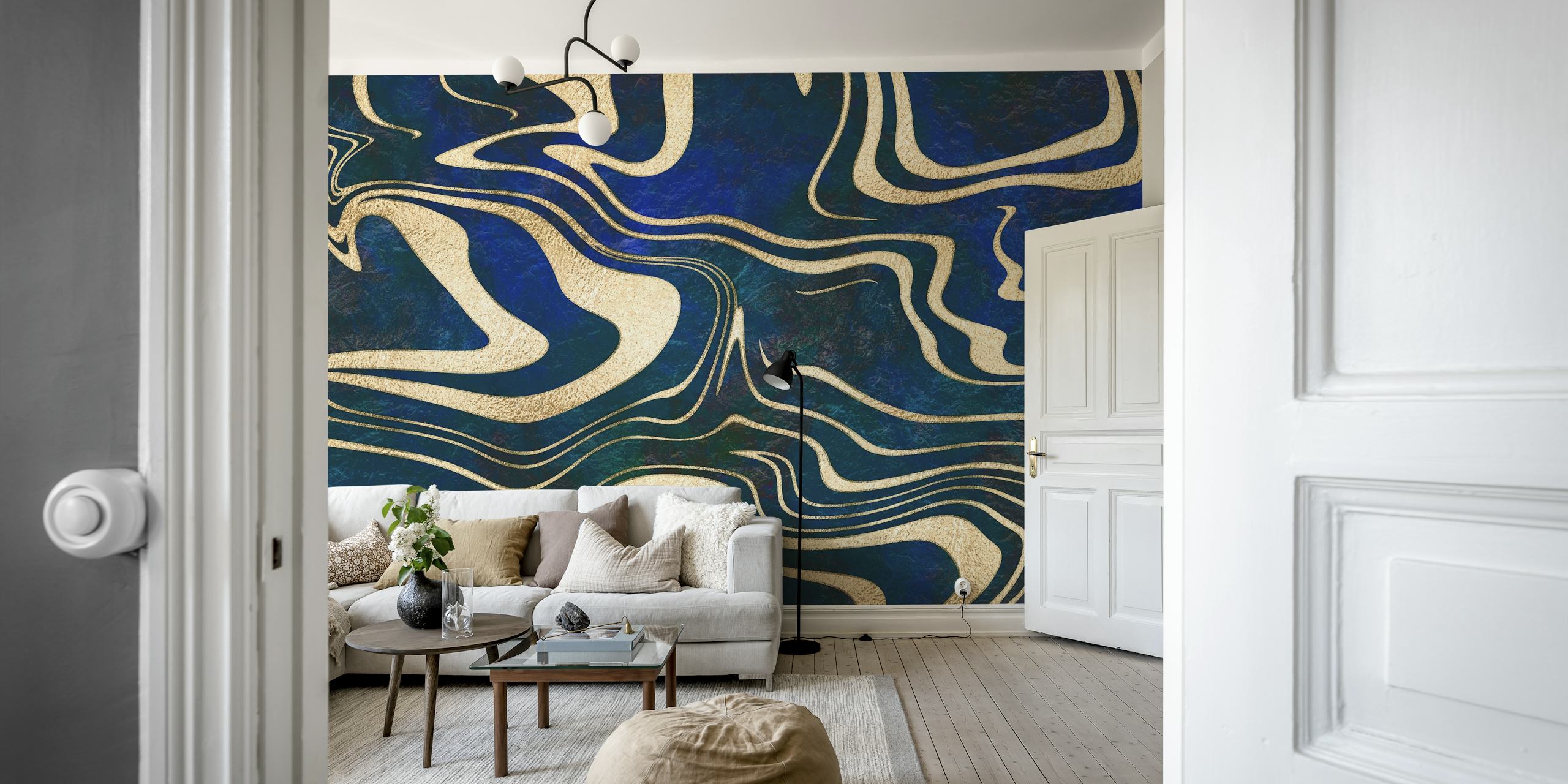 Fantastisk blått gull Lapis Lazuli-marmormønster, rikt på dype blåtoner og glitrende gulltoner for veggmalerier