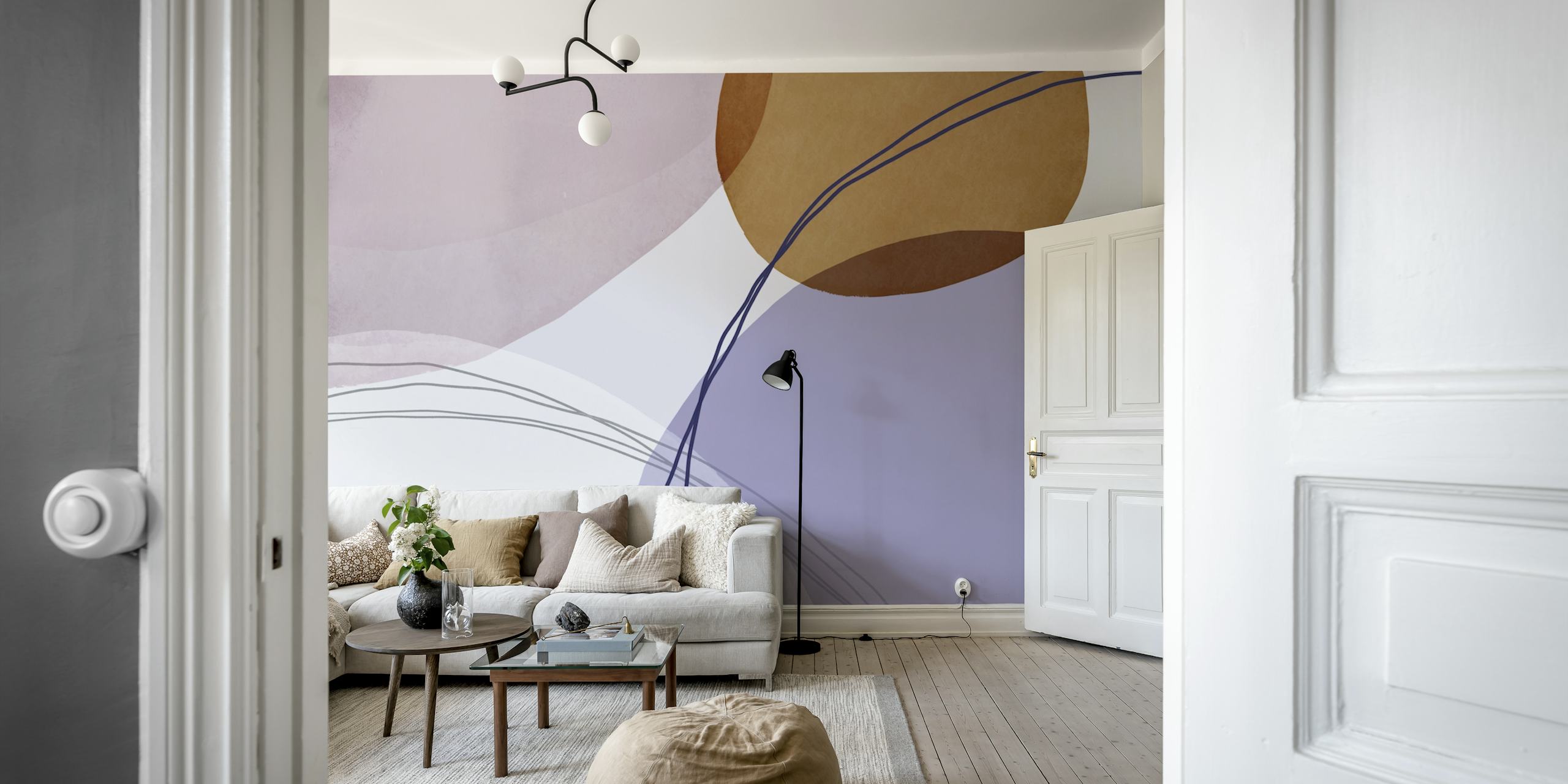 Abstract pastel shapes in lavender, cream, and brown colors wallpaper