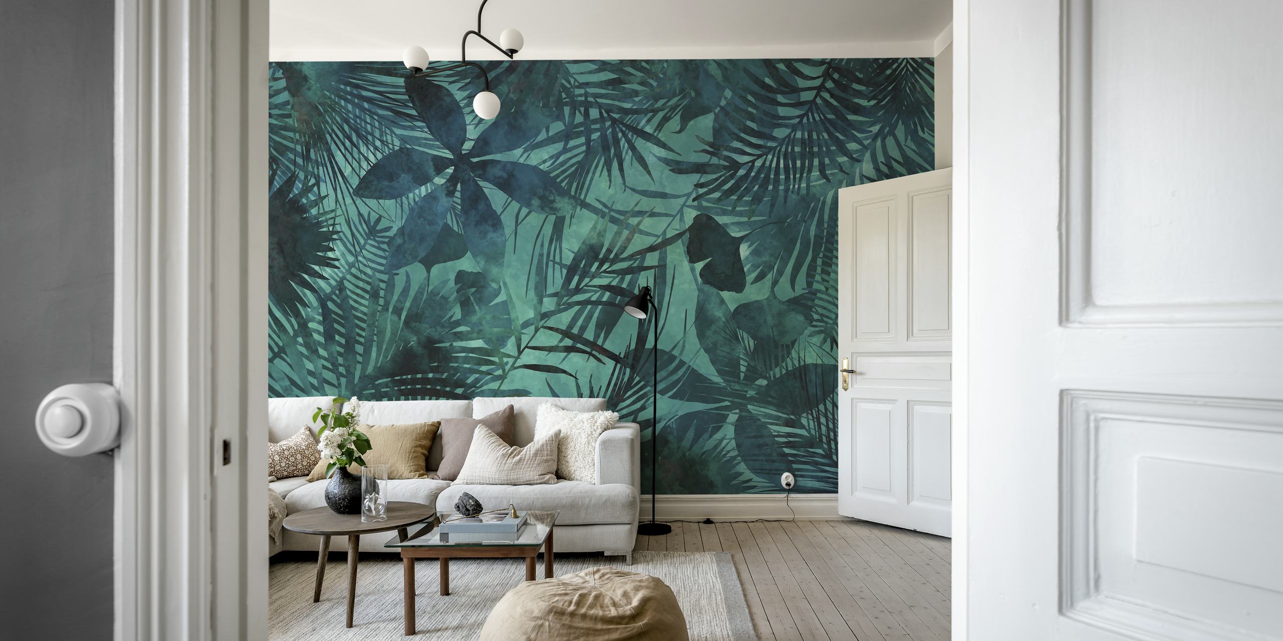 Tropical leaves in shades of green and teal wallpaper