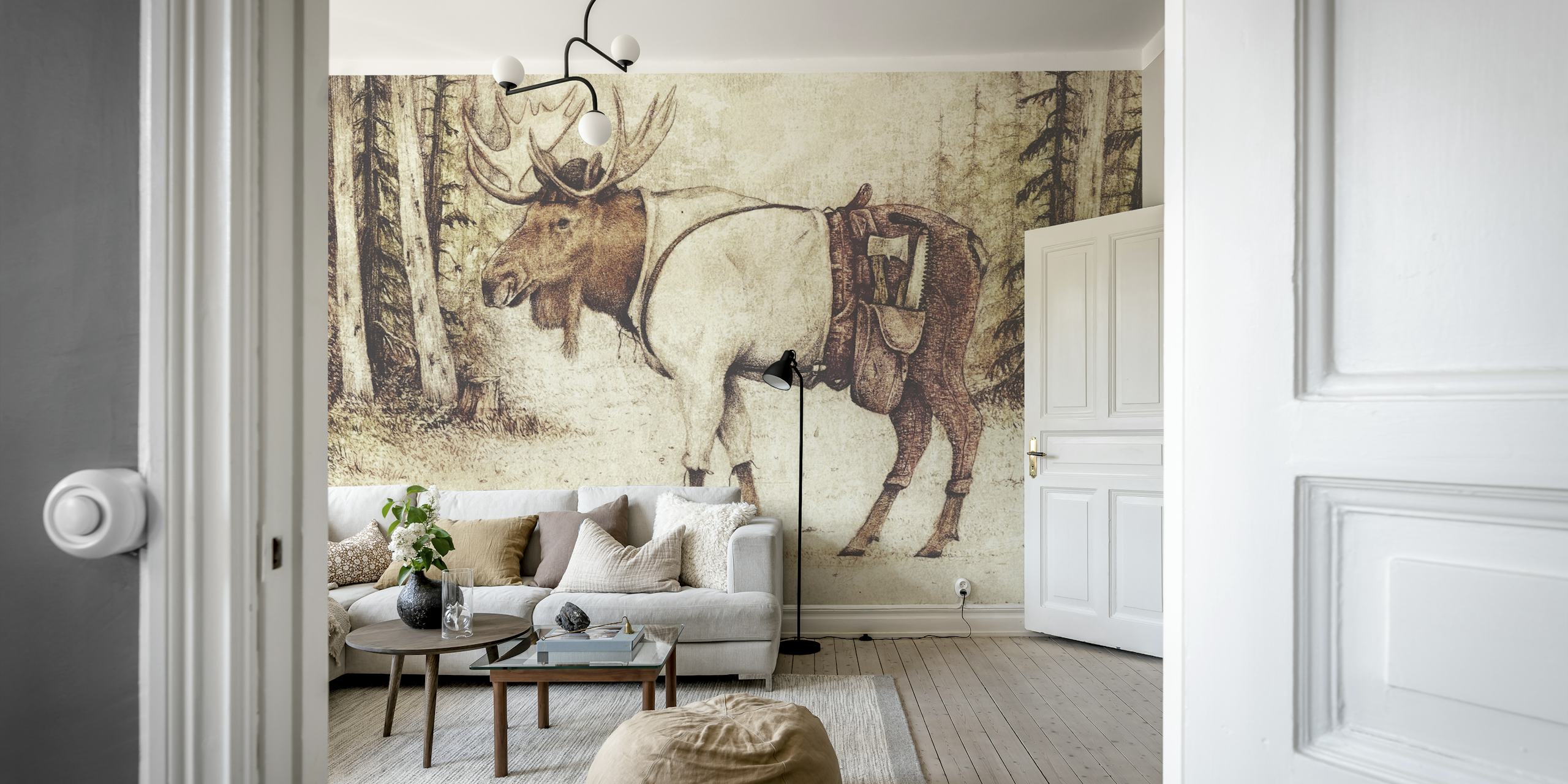 Whimsical moose standing in a forest with muted colors wallpaper