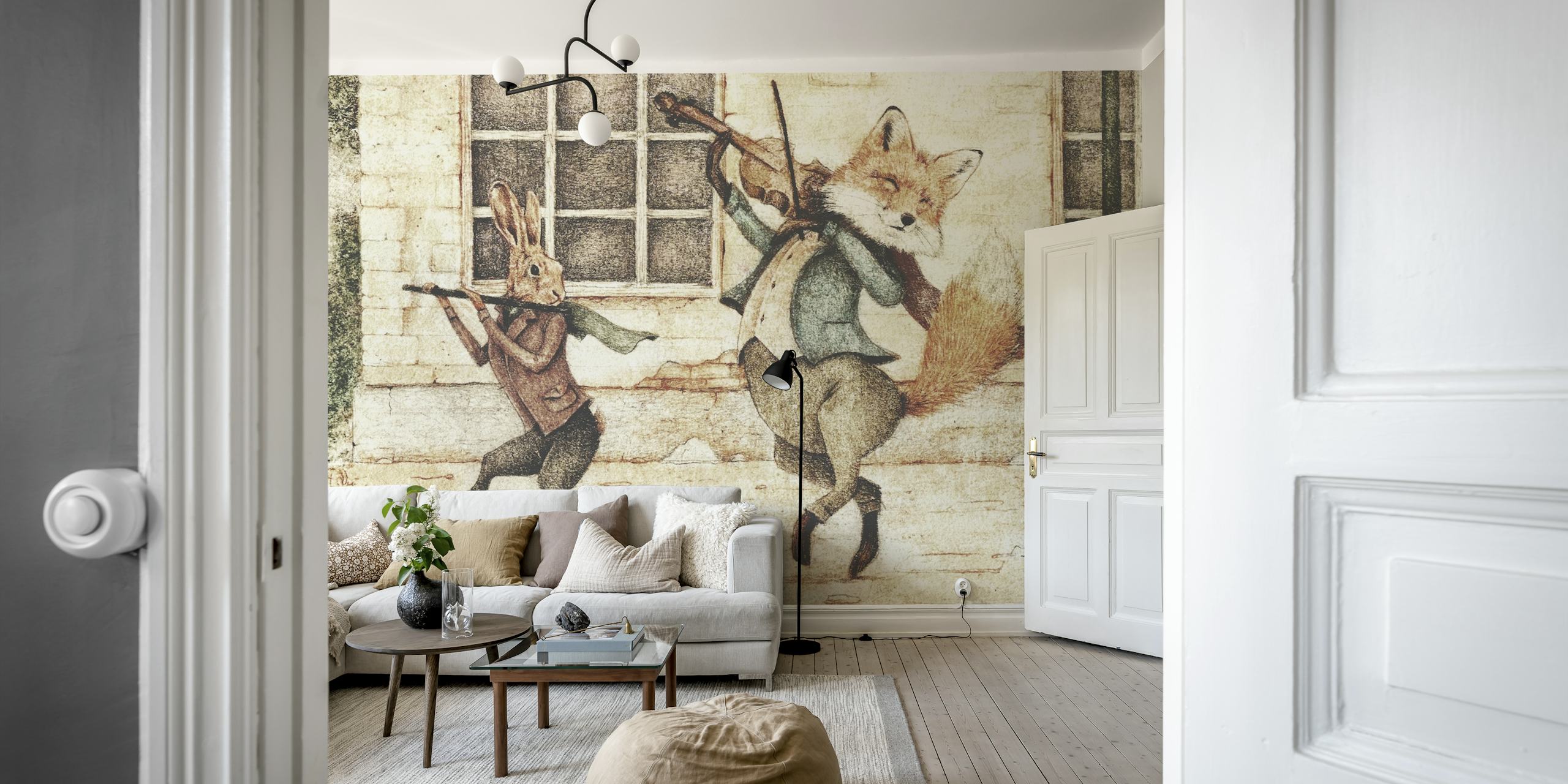 Tapeta s podivnými zvířecími hudebníky v pokoji