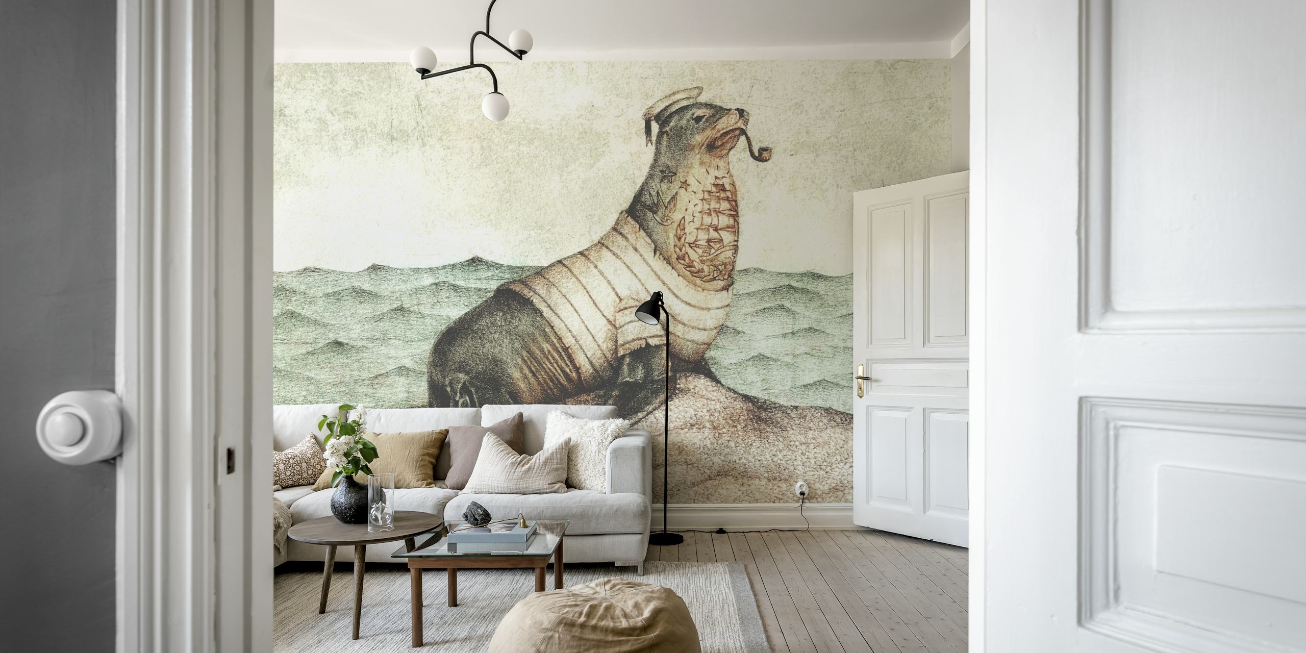 Nautical seal in a sailor outfit by the water wallpaper