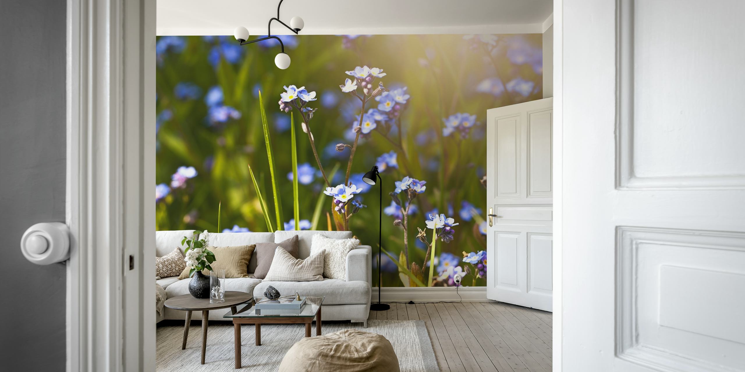 Forget Me Not flowers on green grass wallpaper
