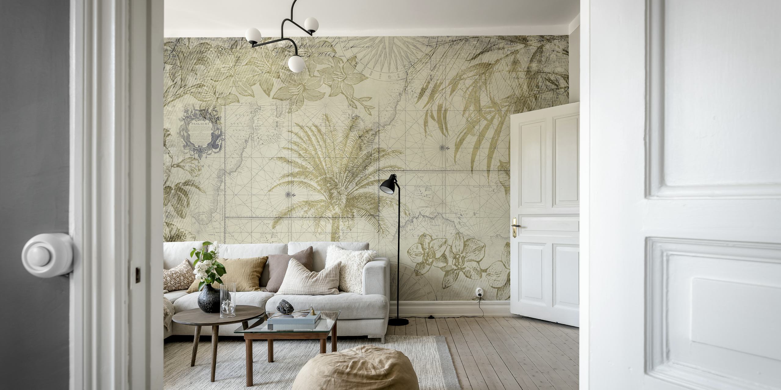 Monochrome tropische jungle muurschildering met palmbladeren en exotische planten in grijstinten