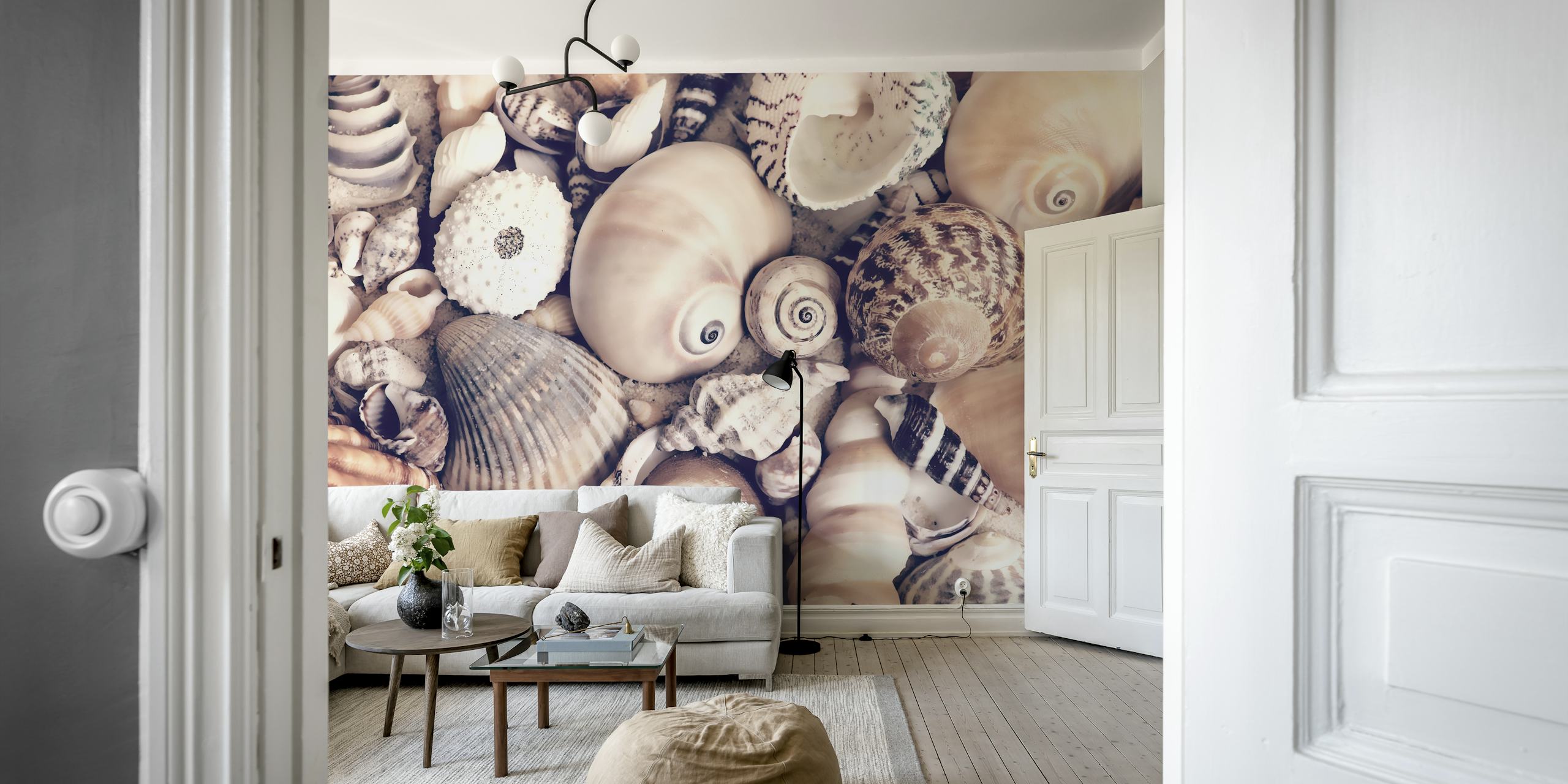 Seashell Collection wall mural with various seashells in neutral tones