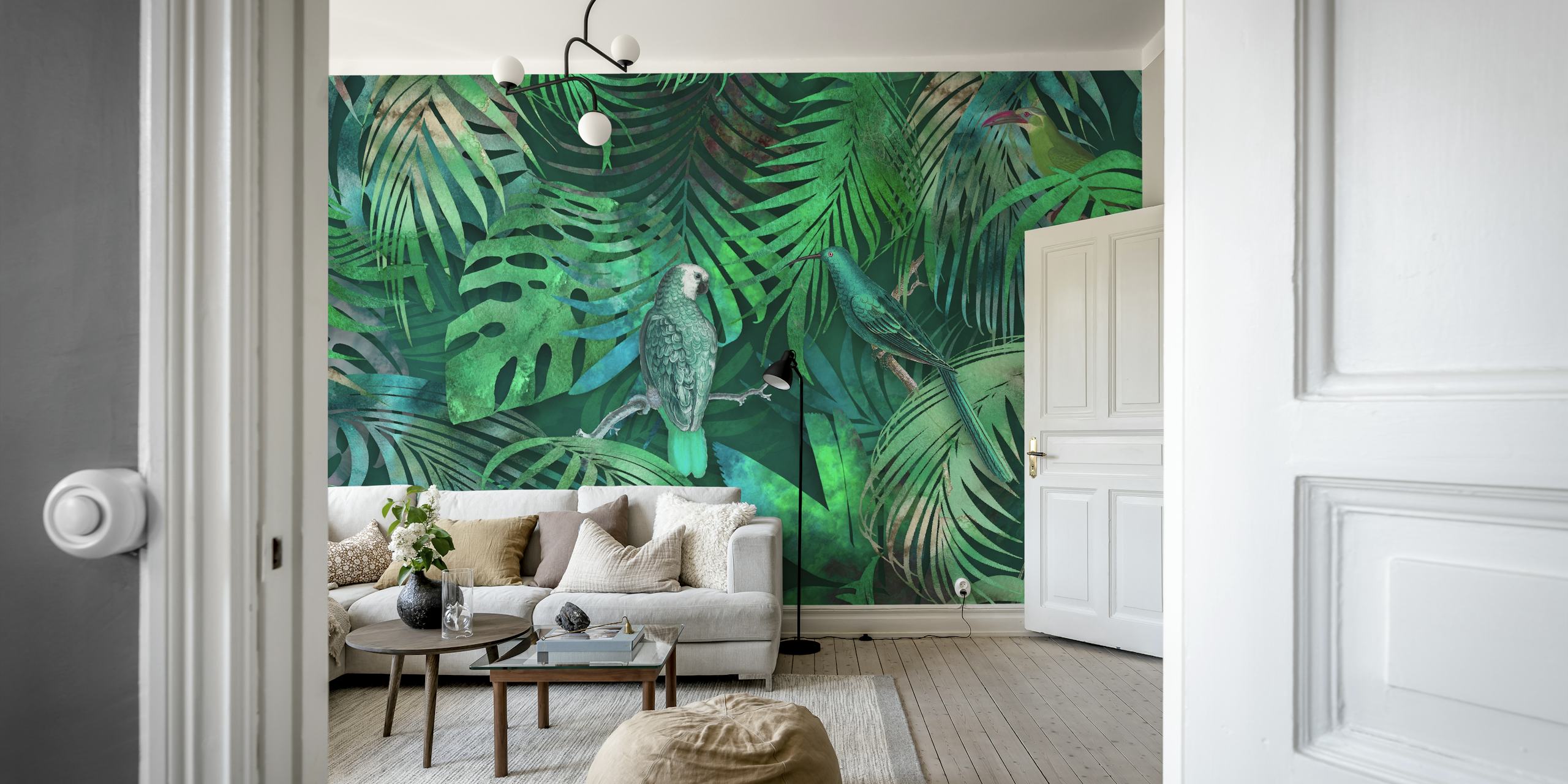 A verdant wall mural with parrots hidden among tropical leaves