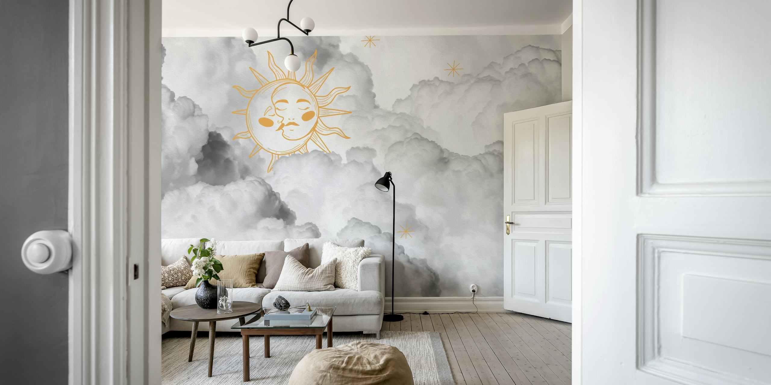Mural de parede Sun Moon e Stars Cloud apresentando um sol dourado em meio a nuvens monocromáticas