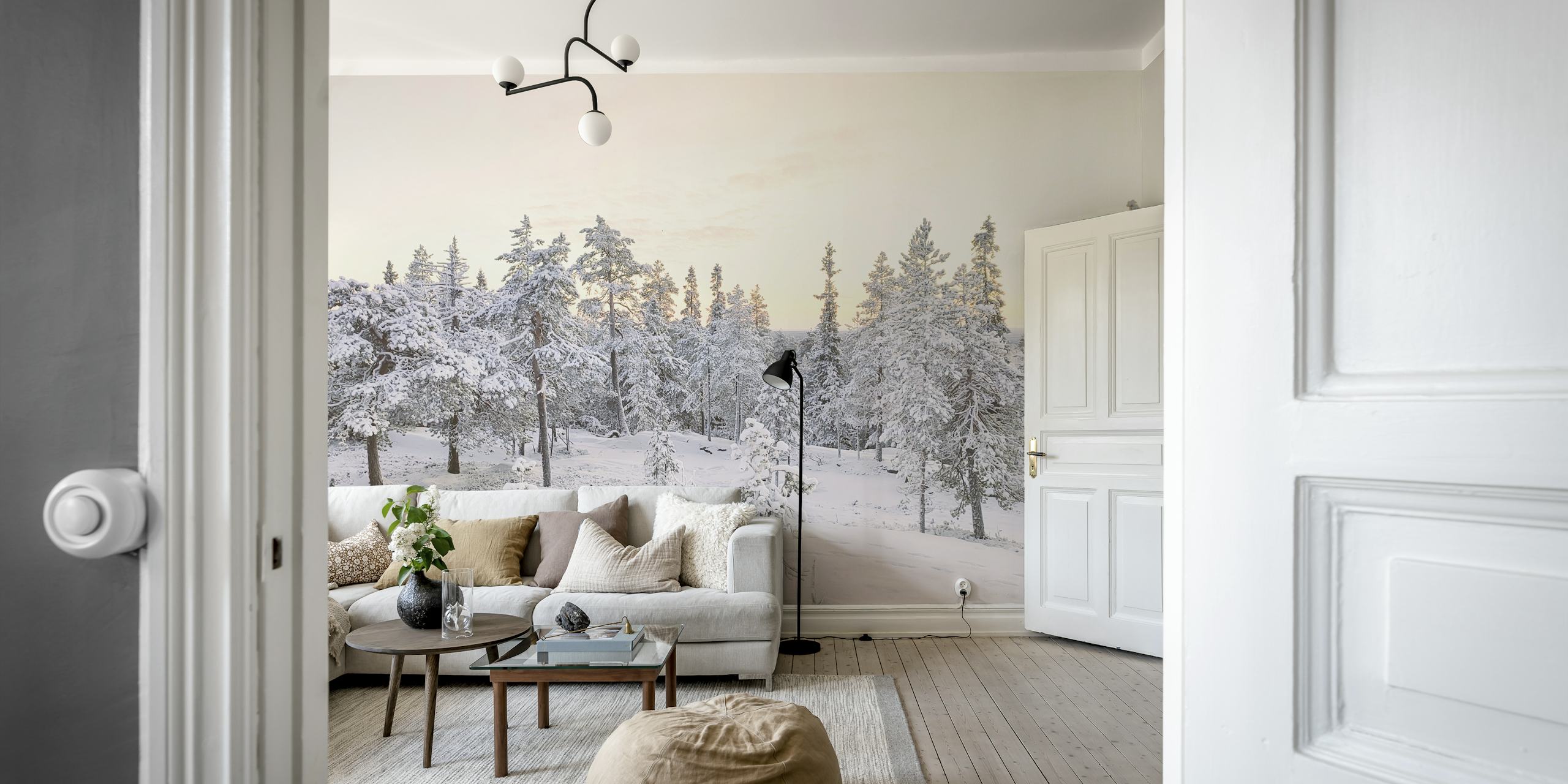 Winter landscape wall mural with snow-covered trees and serene sky