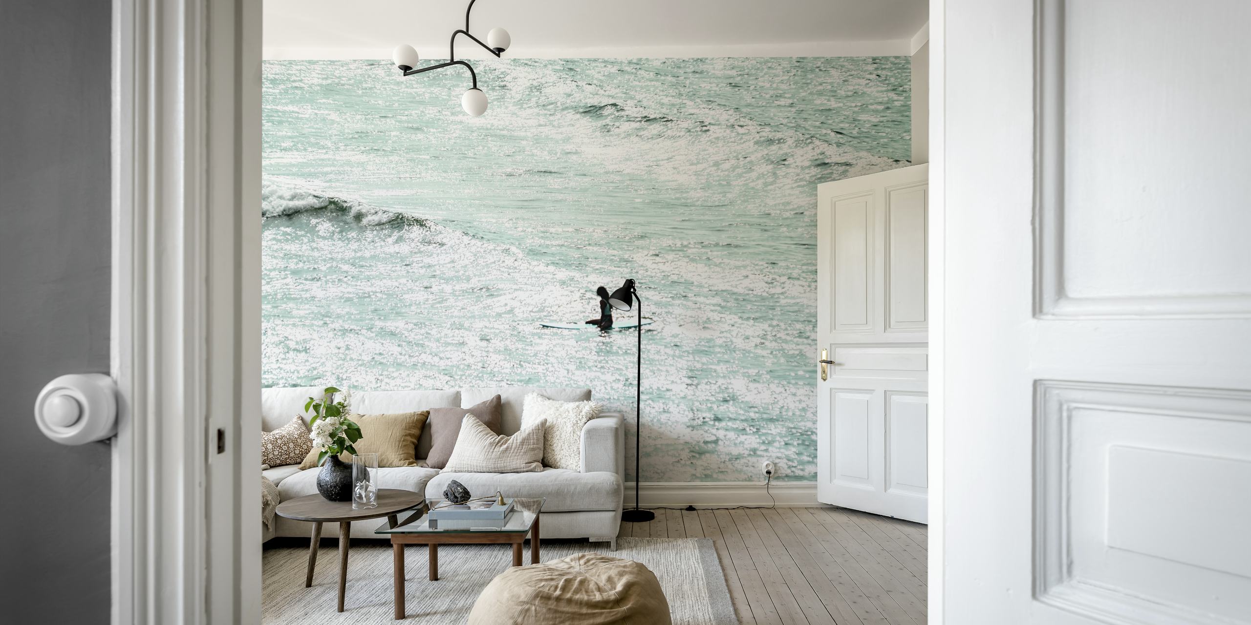 Wall mural of a lone surfer amidst vast ocean waves in Seaside 37.