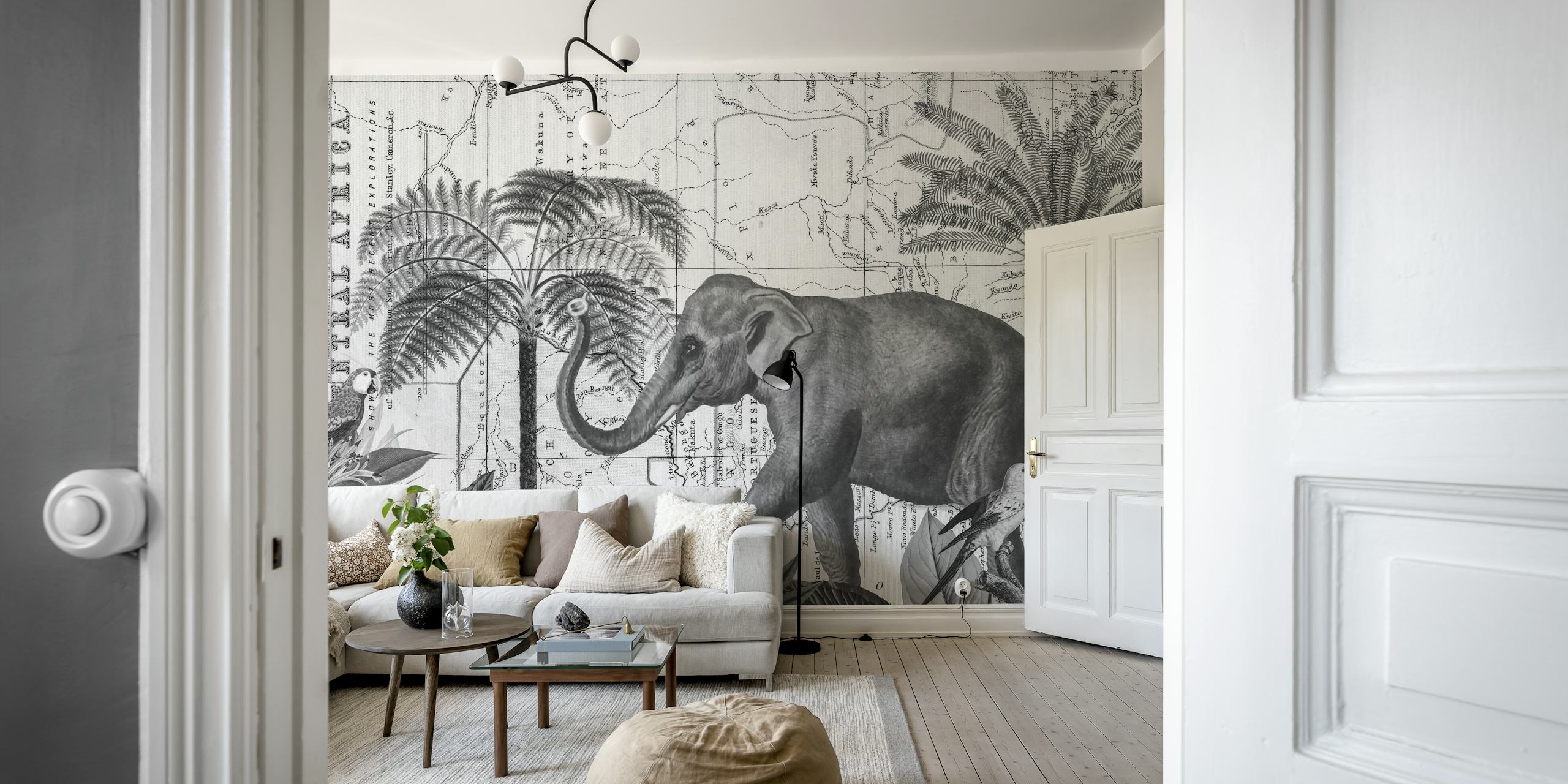 Monochrome African Elephant in Jungle Wall Mural