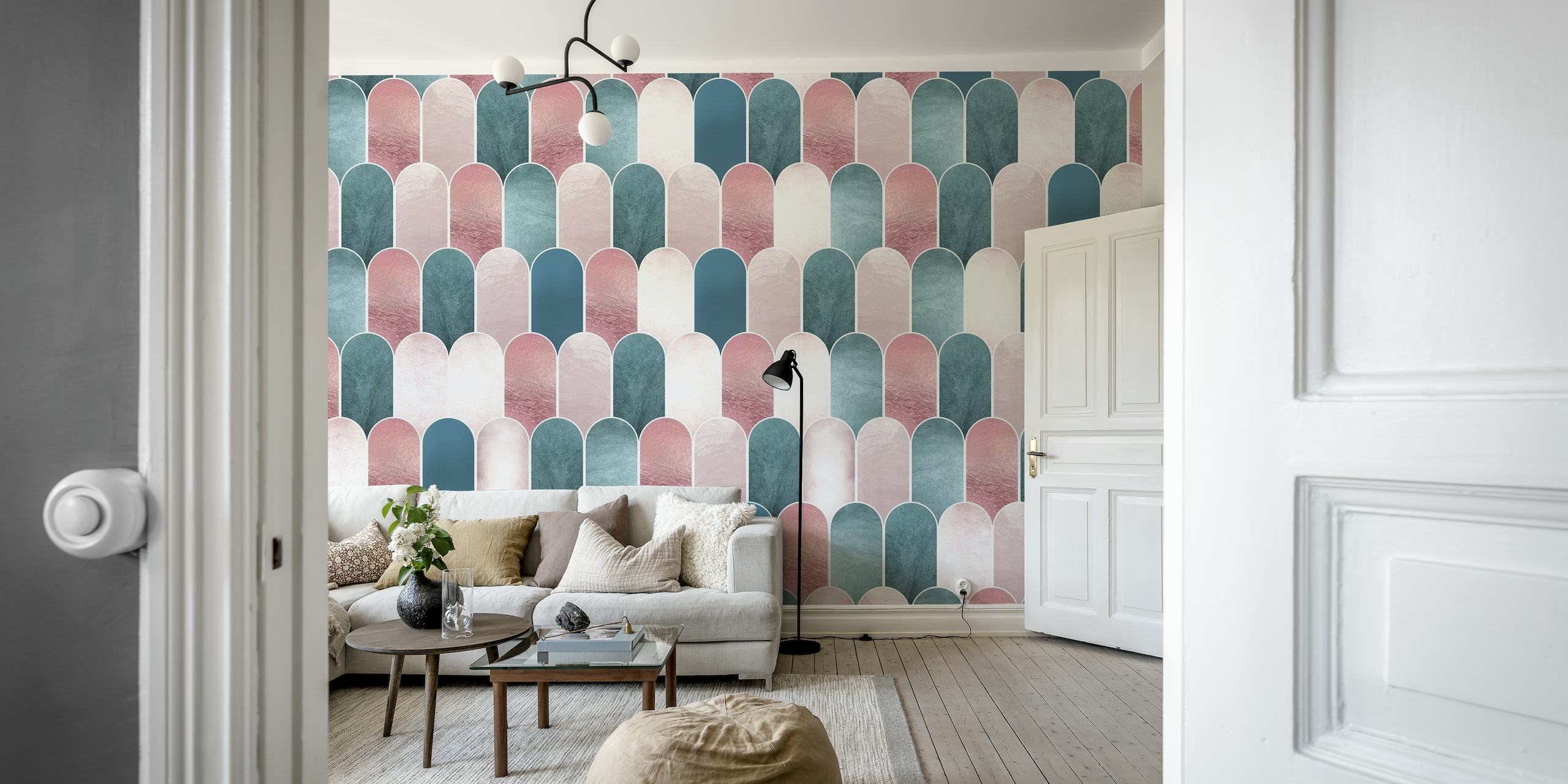 Stylish and calming blush pink and teal wallpaper