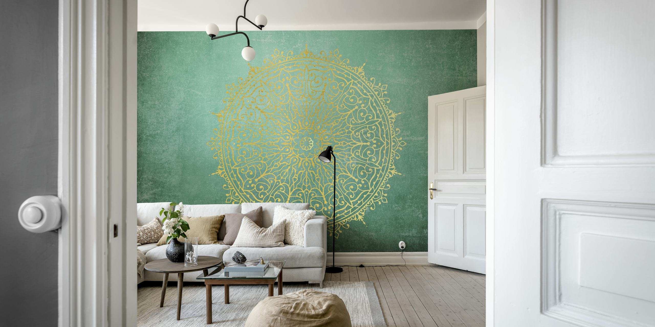 Carta da parati verde smeraldo con intricato disegno di mandala dorati