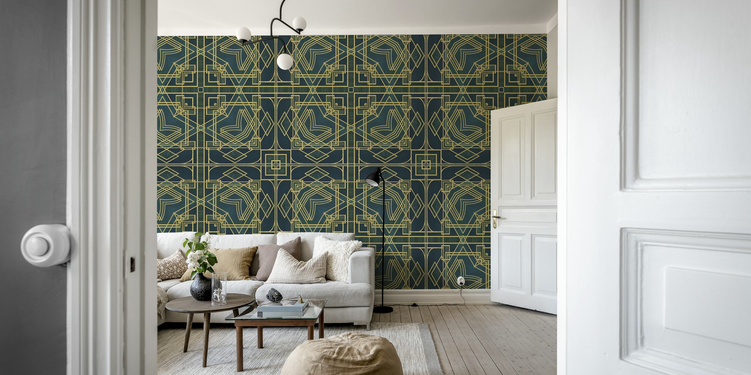 Tapeta Gold i Dark Green Art Deco przedstawiająca luksus ery Gatsby'ego