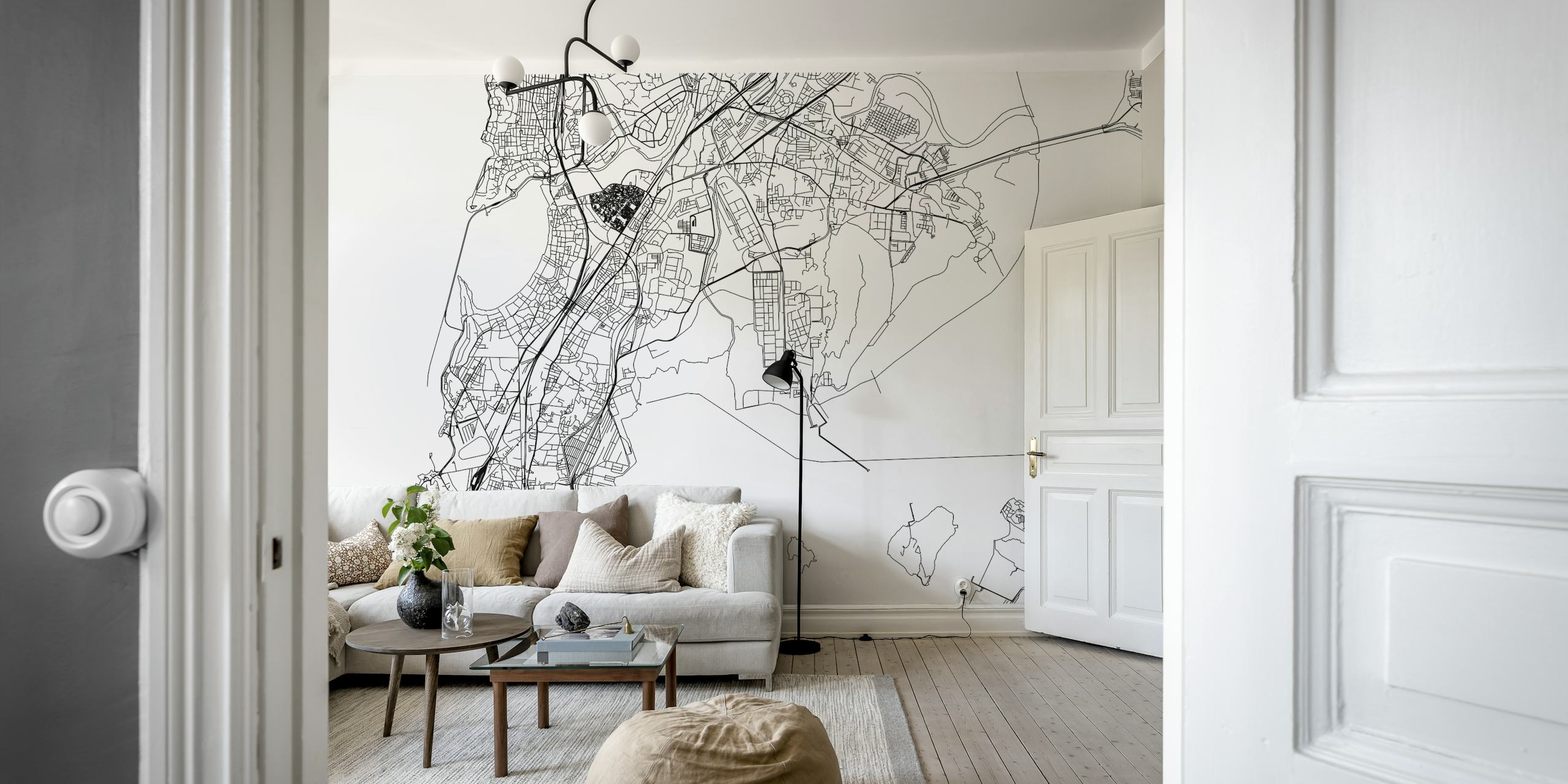 Black and white city map with roads and landmarks wallpaper