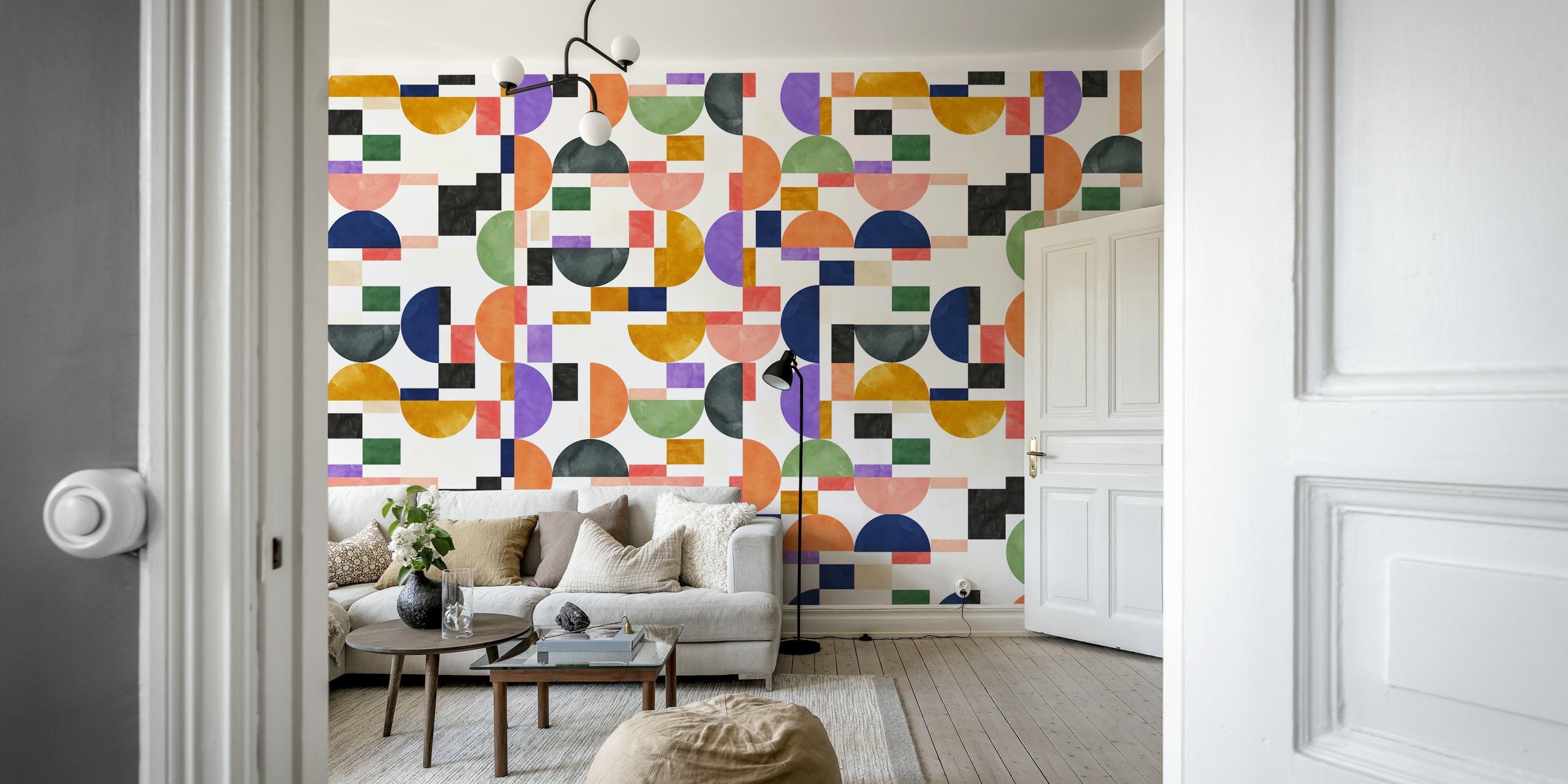 Colorful geometric patterns with circles and squares wallpaper