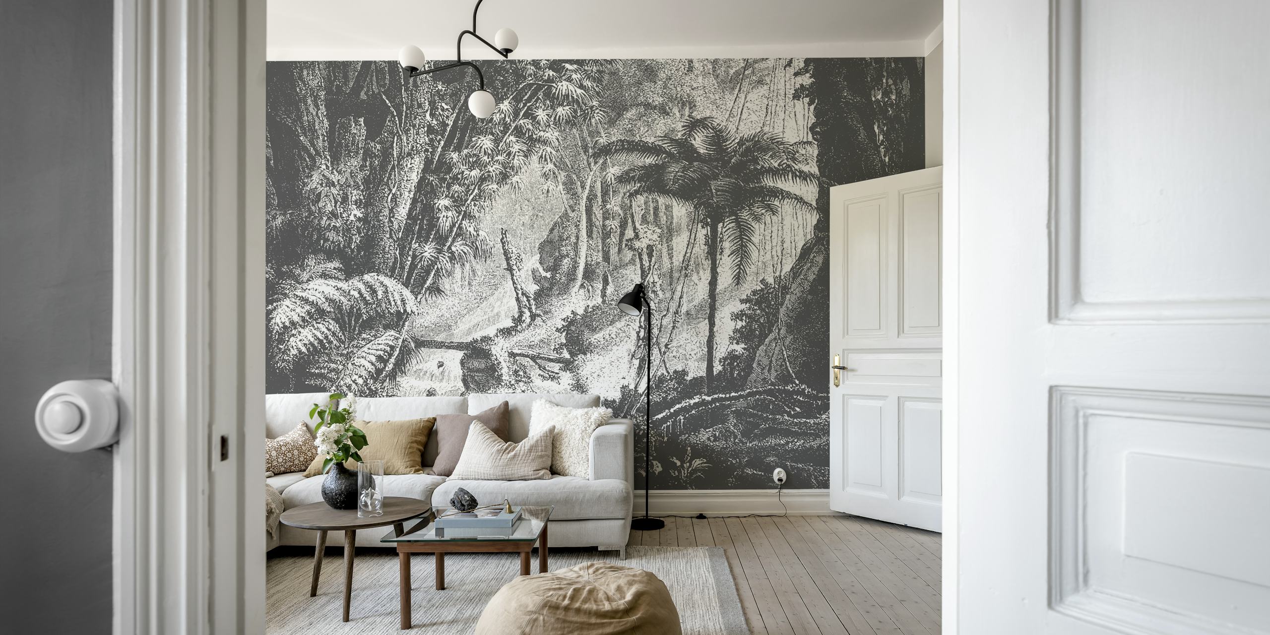 Black and white wallpaper featuring a tropical jungle scene with palm trees and ferns