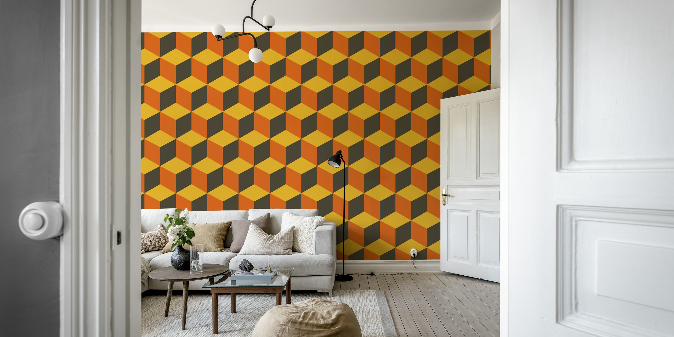 Geometric cube pattern in orange, yellow, and black wallpaper