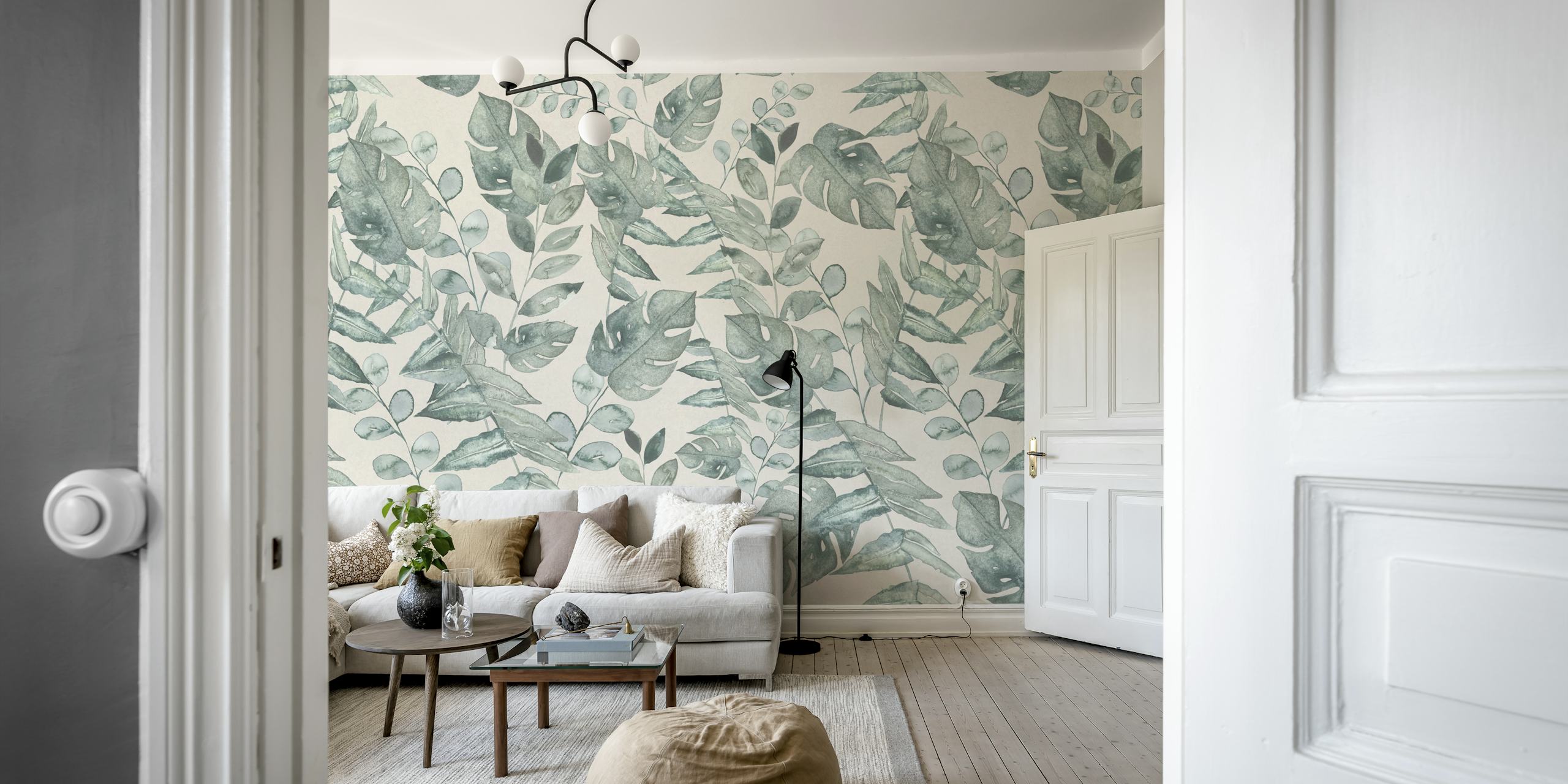 Tropical palm leaves wallpaper em um quarto