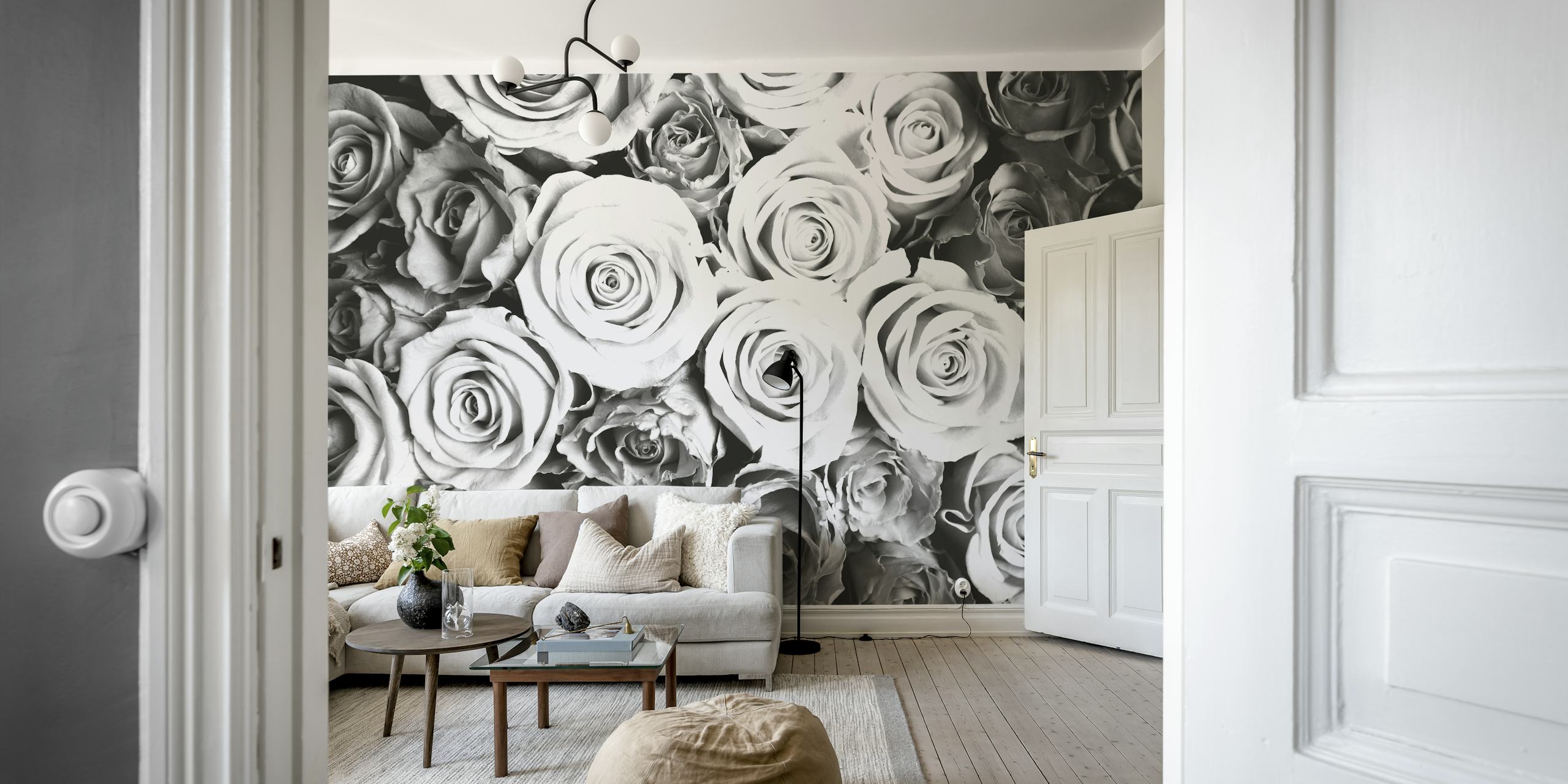 Black and white rose wallpaper in a room